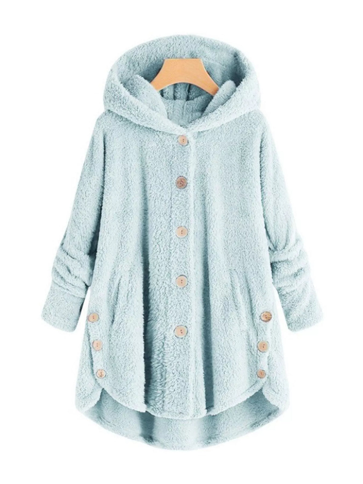 Light blue fleece button-up hooded jacket with curved high-low hem