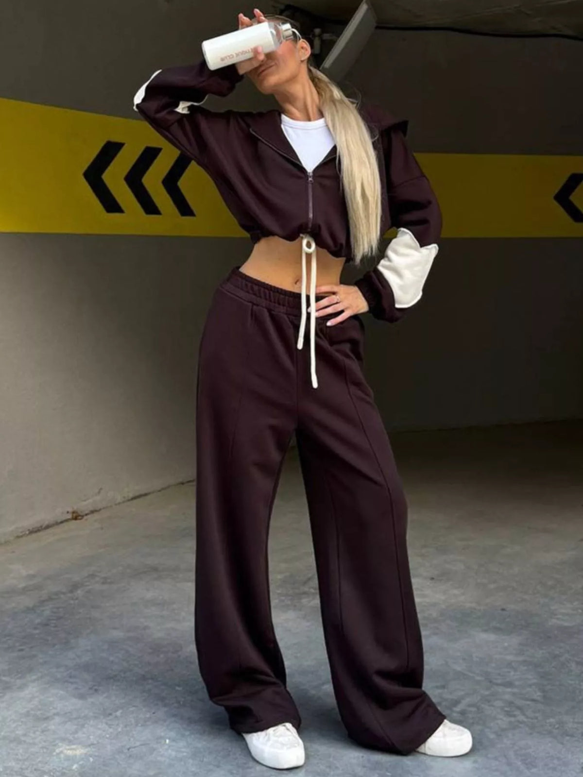 Trendsi Zip Up Hoodie and Wide-Leg Pants Set -