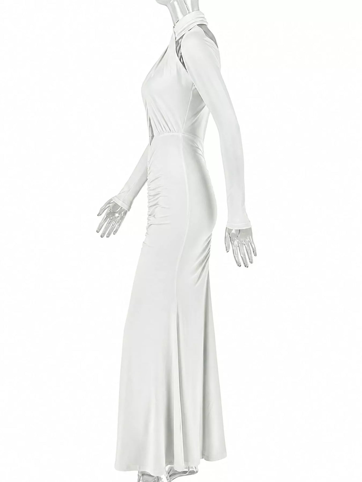 White long sleeve cutout ruched maxi dress, side view