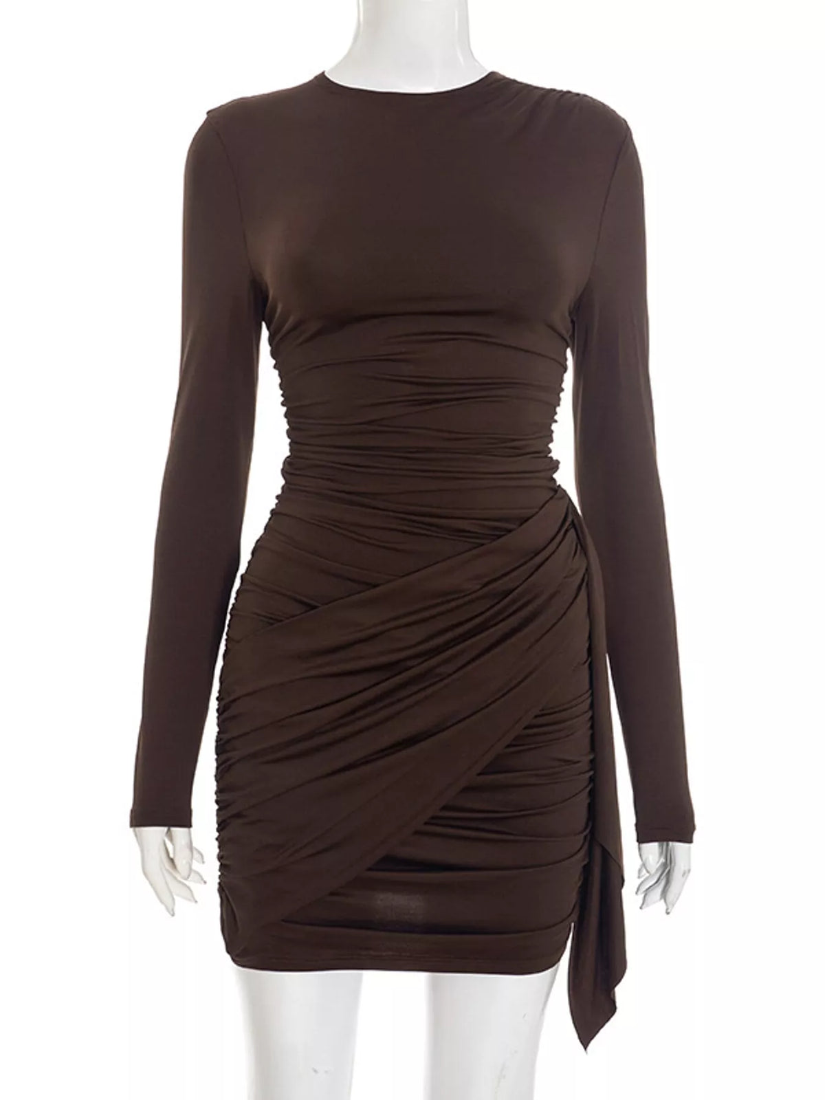 Brown long sleeve ruched bodycon mini dress, front view