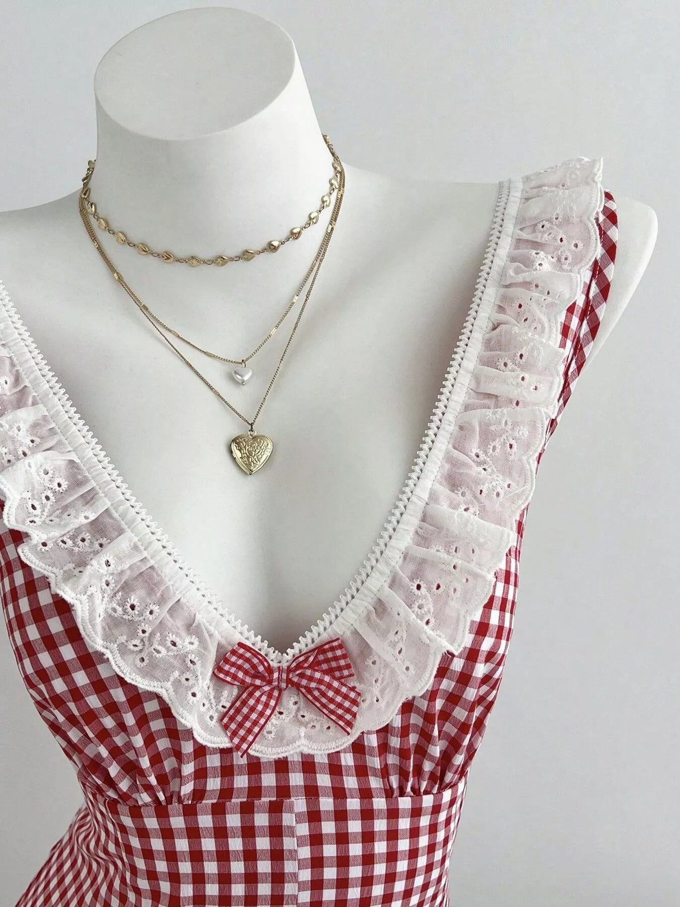 Trendsi Gingham Lace-Trimmed Romper with Bow Detail -