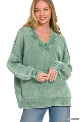 Trendsi Zenana Washed Deep V-neck Oversized Sweater -