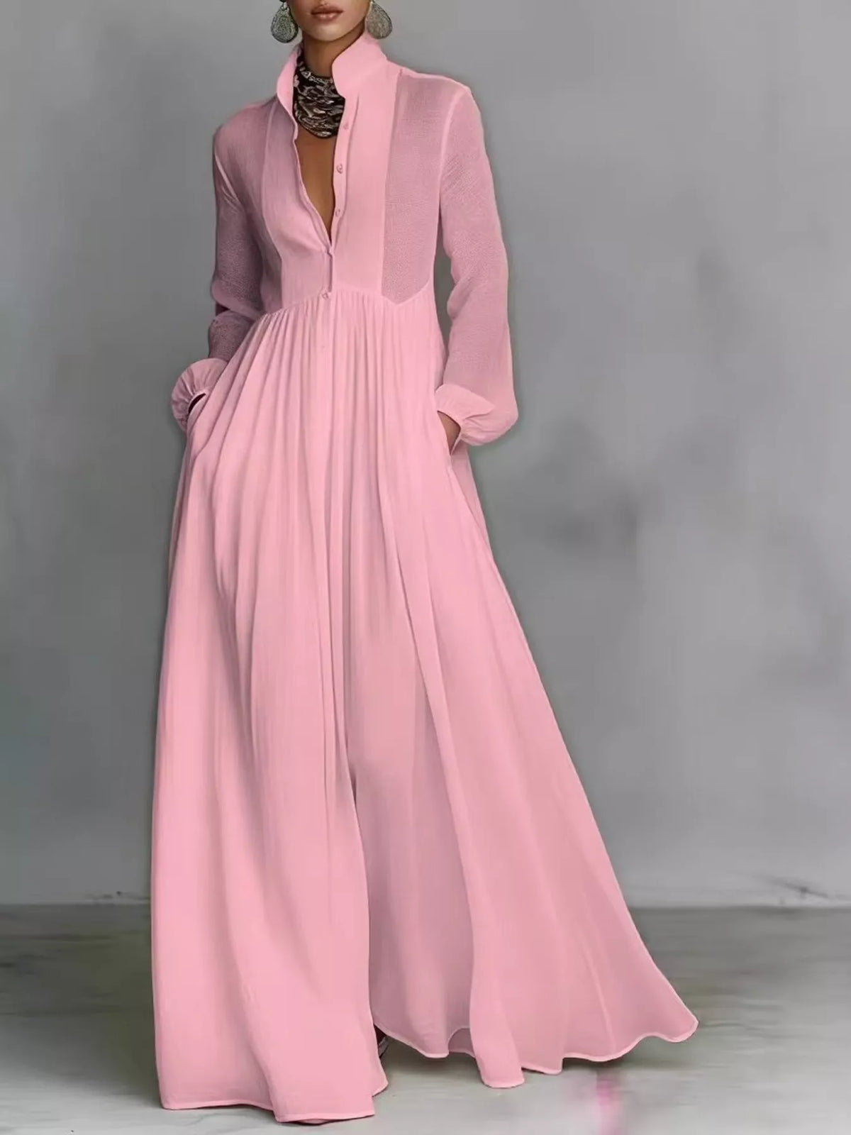 Pink long sleeve button-front maxi dress