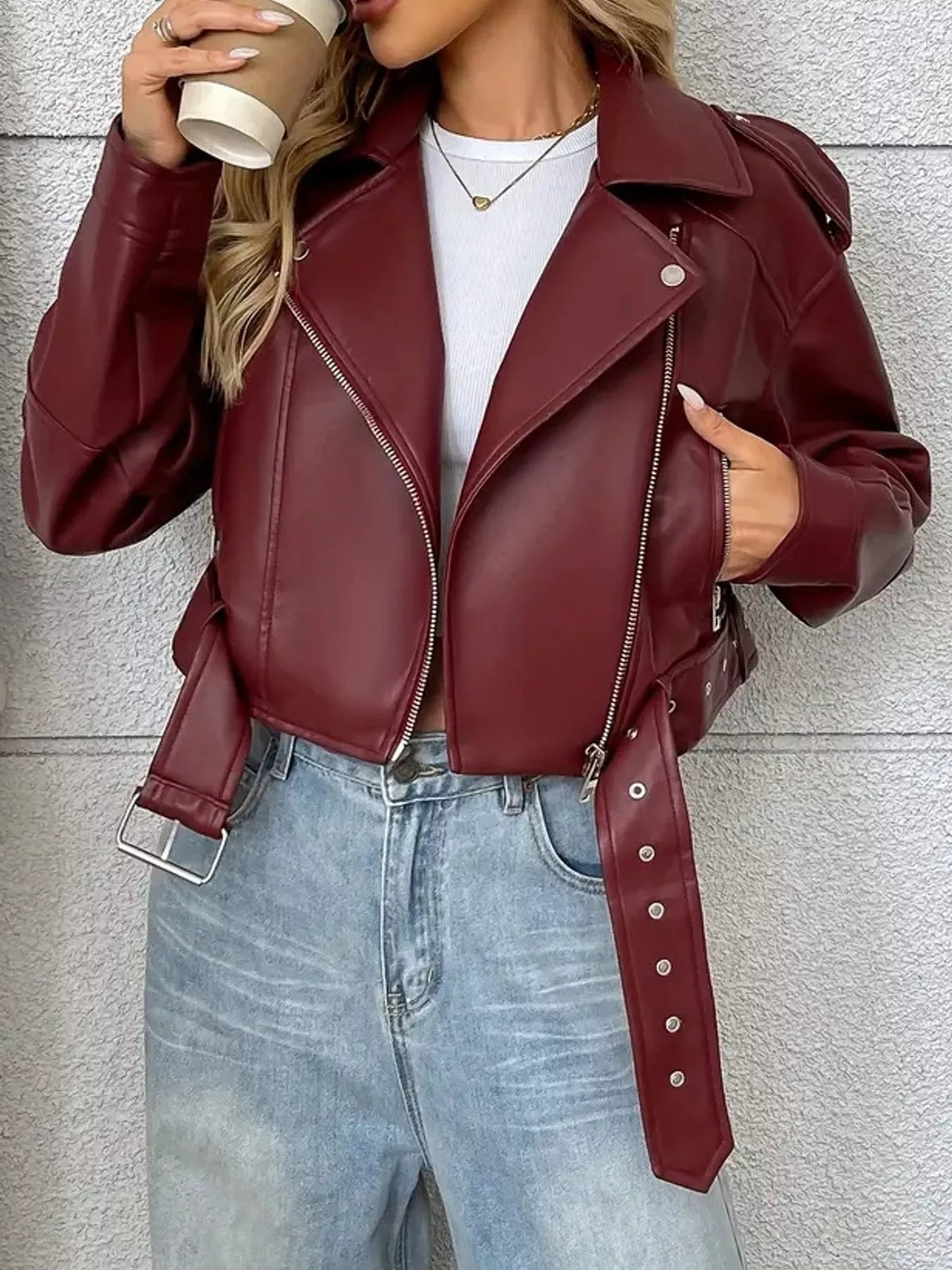Faux Leather Zip Up Jacket in burgundy, front view