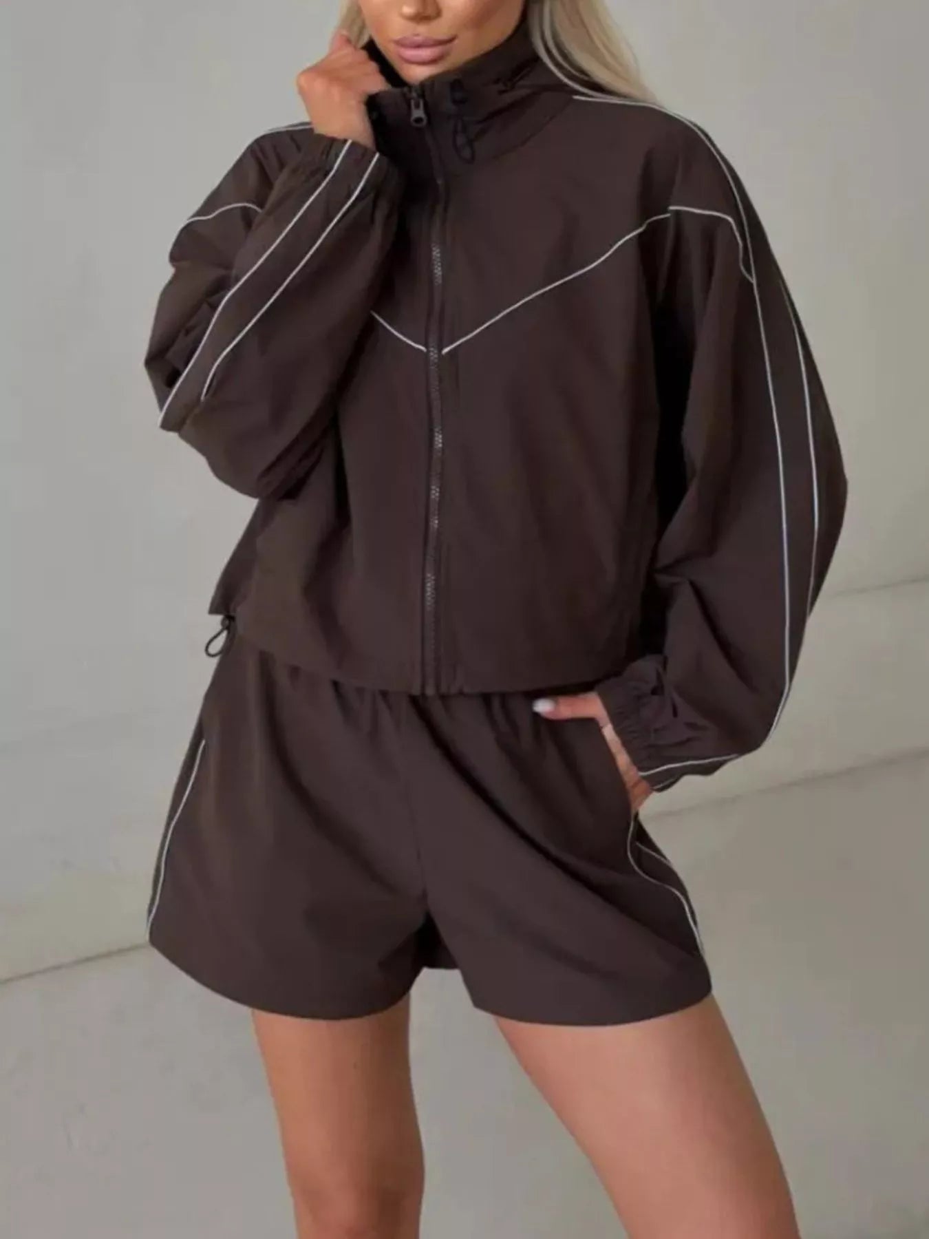 Trendsi Drawstring Zip-Up Jacket and Shorts Set -