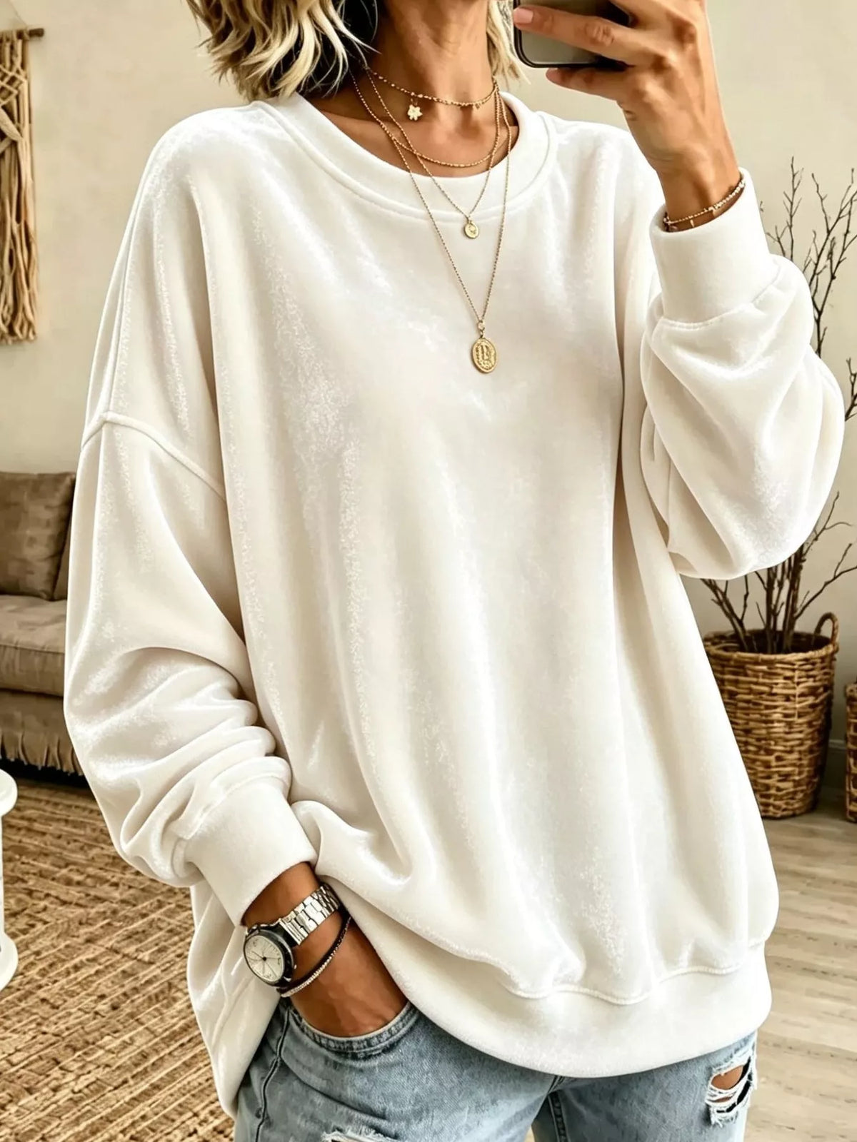 Women's Velvet Dropped Shoulder Crew Neck Sweatshirt in cream — front view