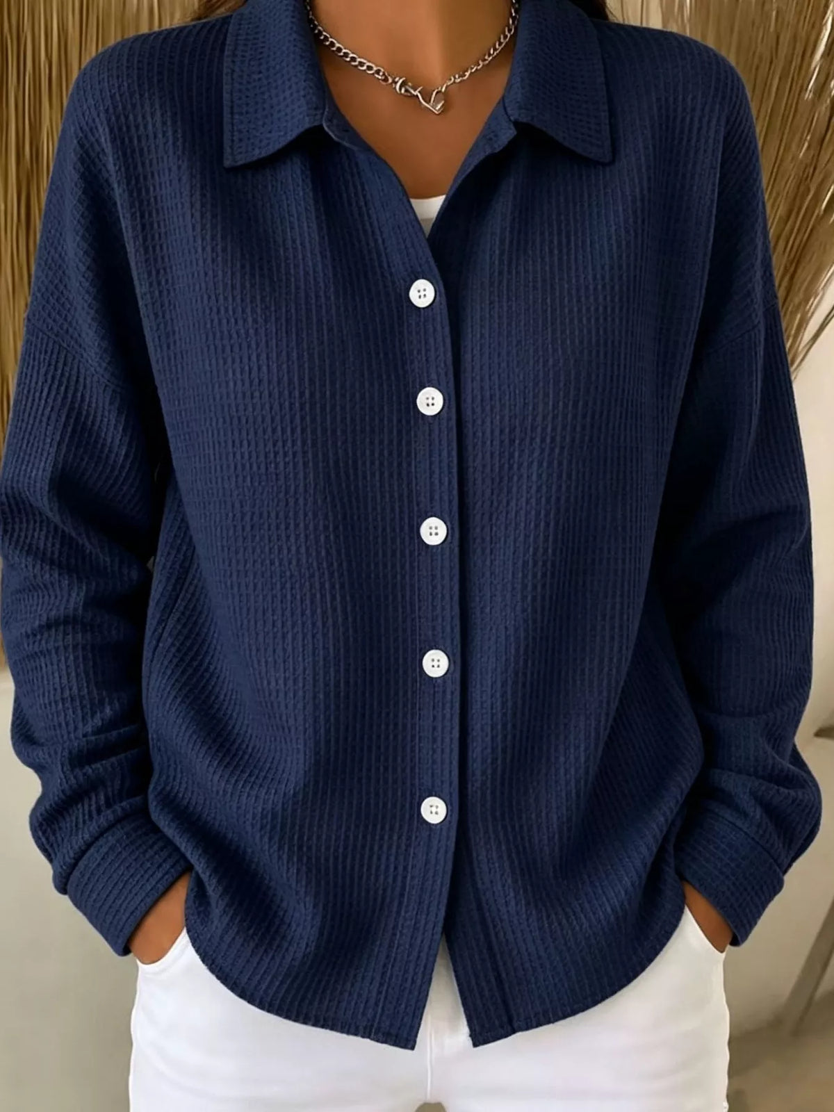 Navy waffle knit button-down shirt