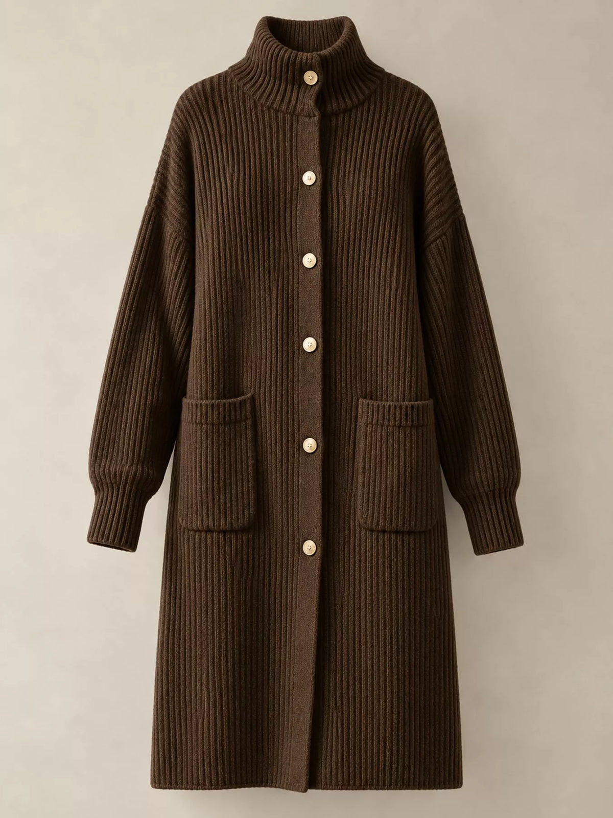 Brown ribbed turtleneck longline cardigan, front product view