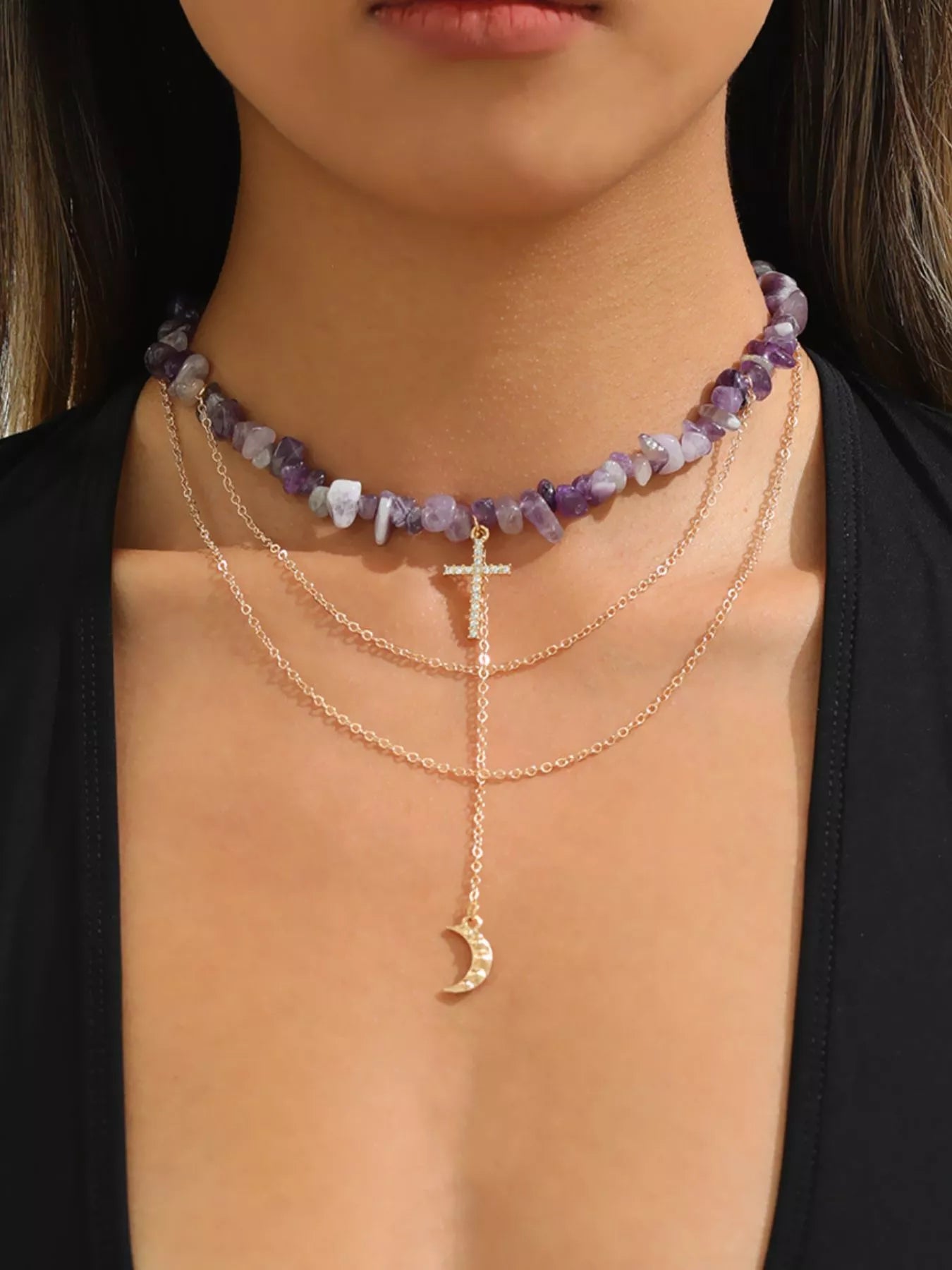 Trendsi Layered Cross and Moon Pendant Necklace -