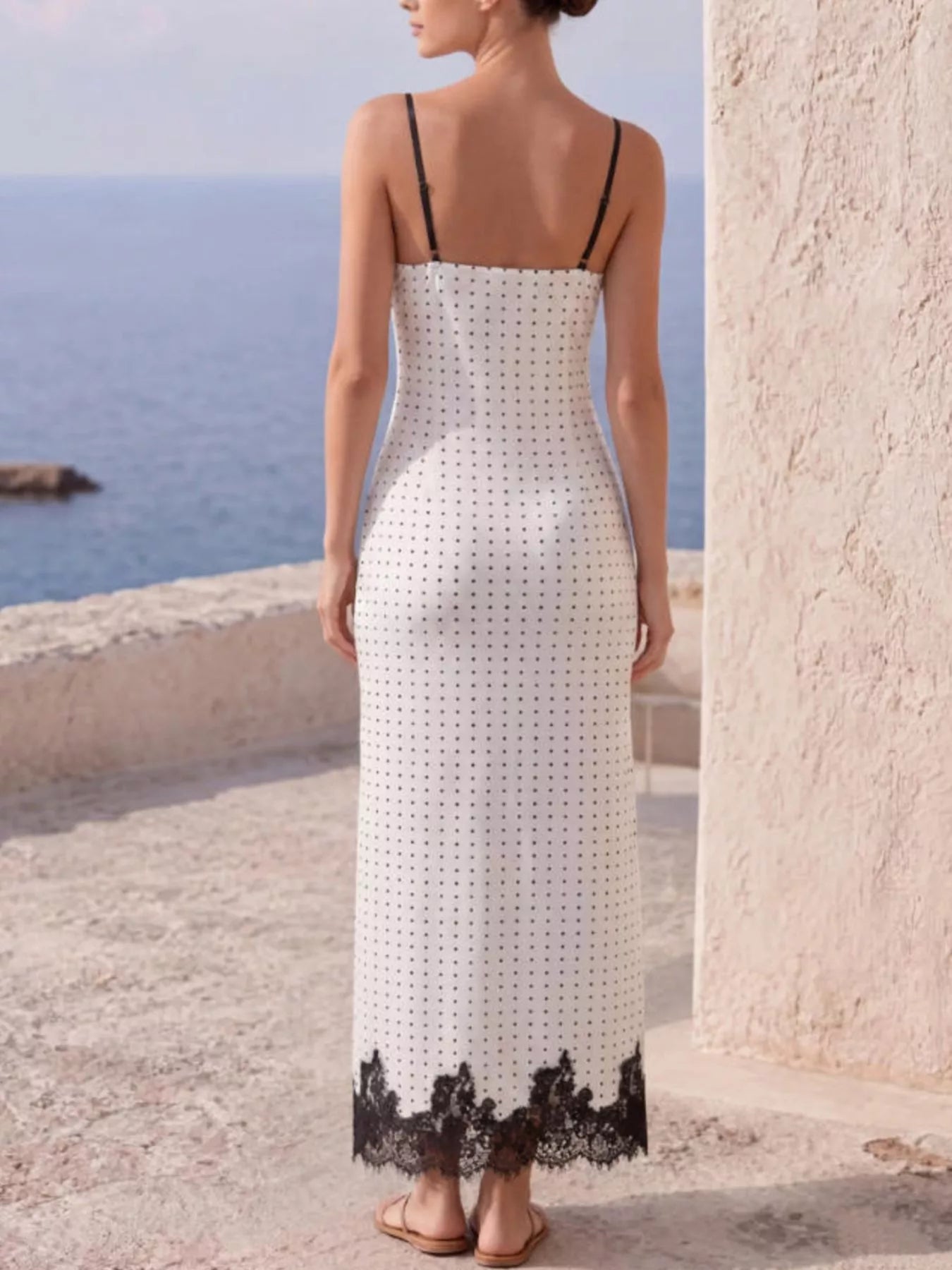 Trendsi Polka Dot Lace Trim Spaghetti Strap Maxi Dress -