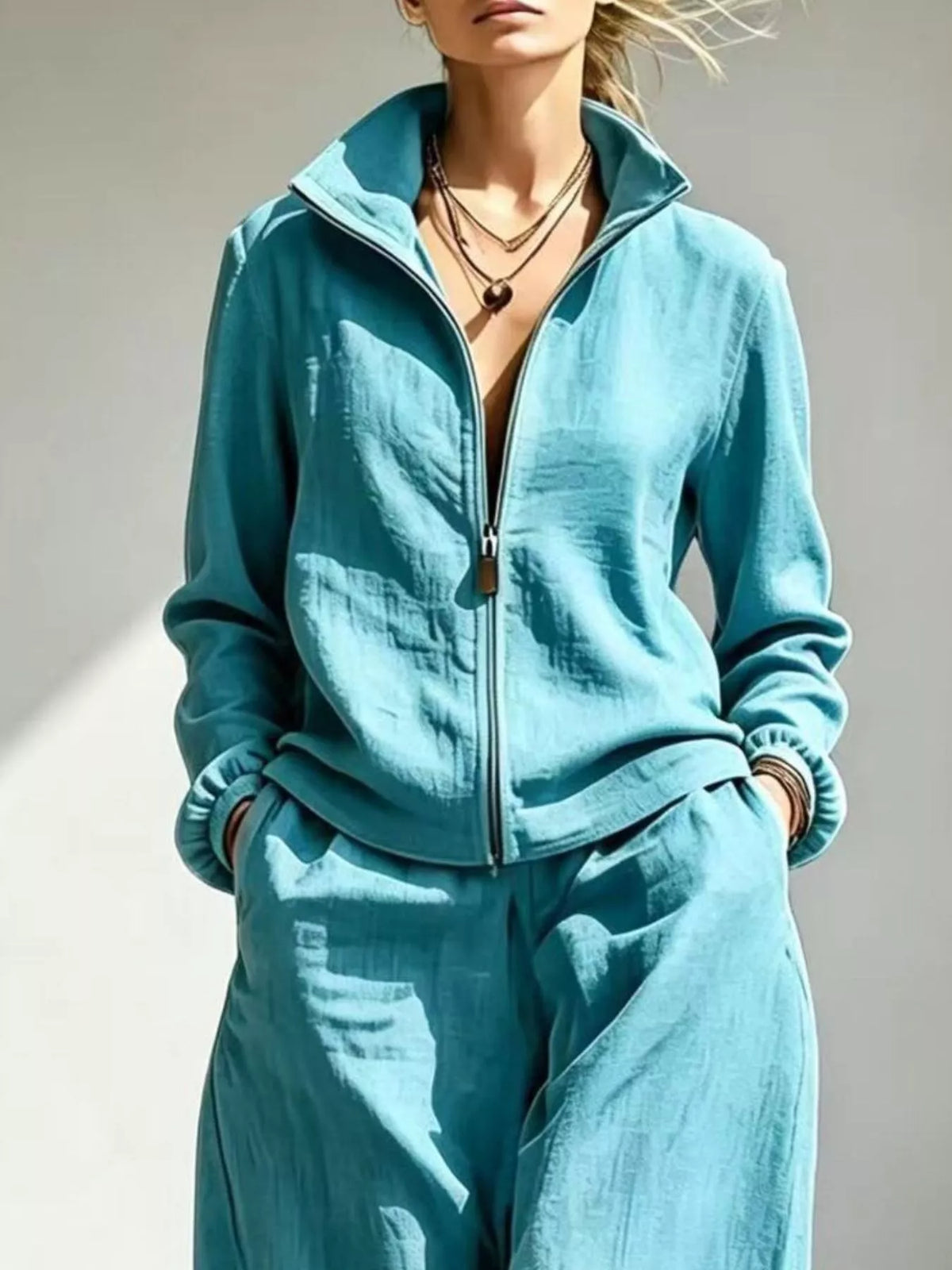 Jacket and pants set, turquoise jacket detail