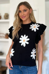 Trendsi Double Take Full Size Ruffled Flower Round Neck Cap Sleeve Sweater -