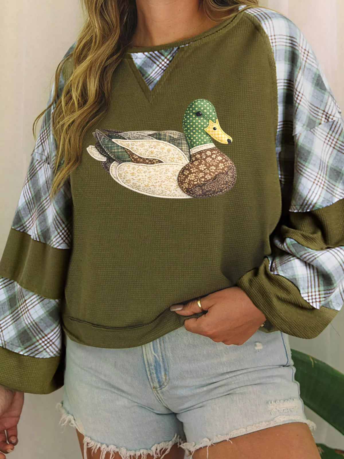 Duck Applique Plaid Waffle Knit T-Shirt, front view