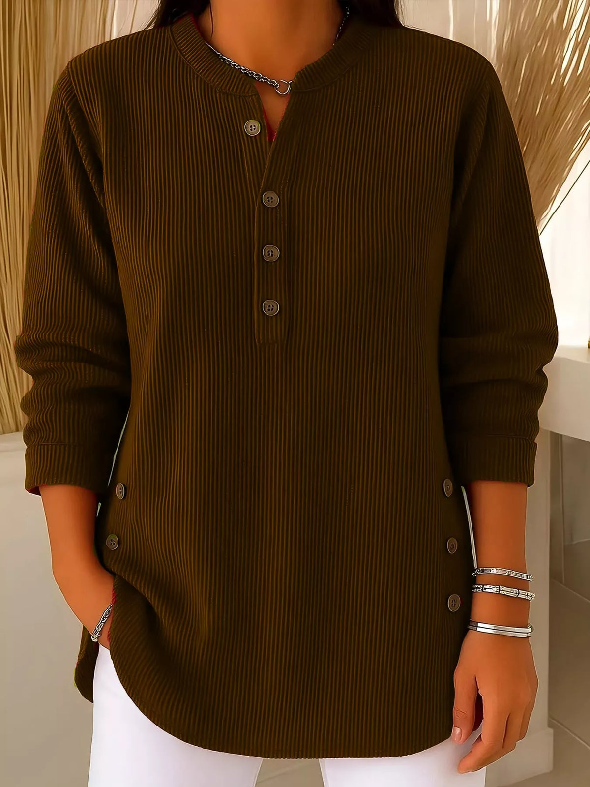 Brown button detail long sleeve top, front view