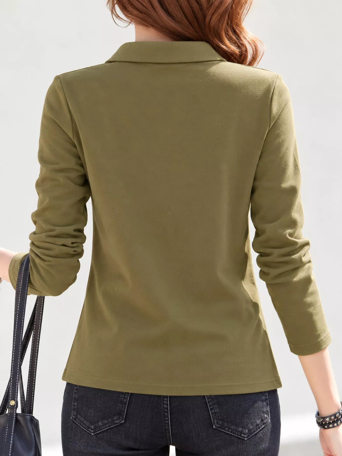Olive green button-down shirt, back view