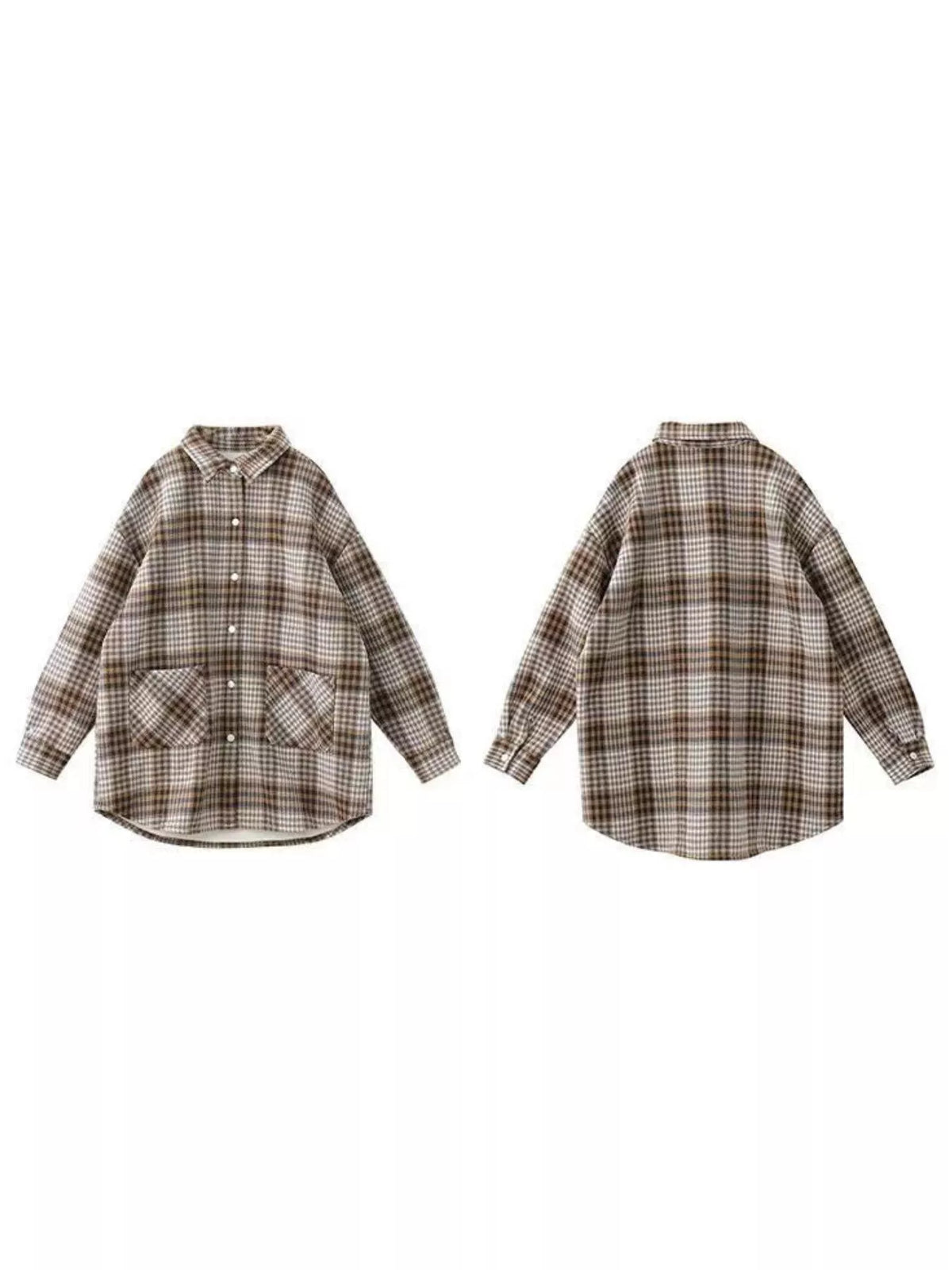 brown oversized plaid fleece-lined brushed shirt