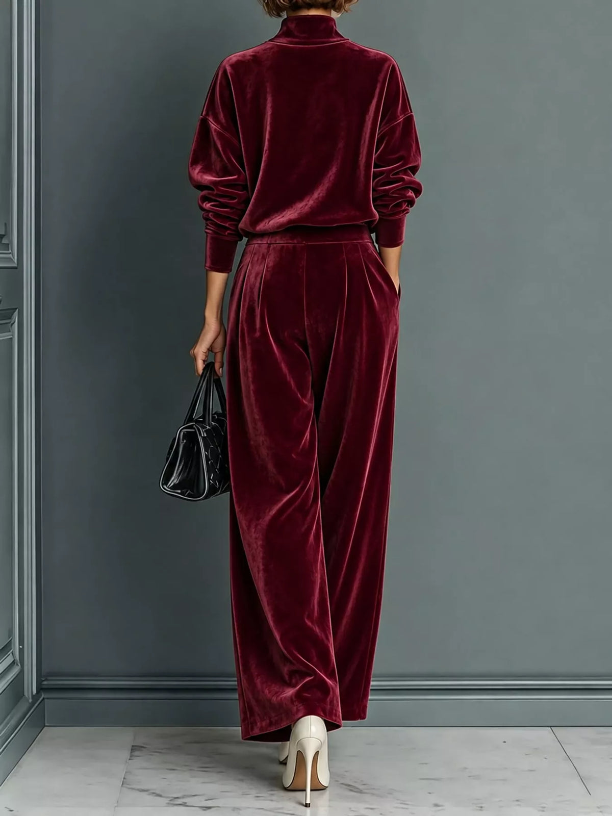 Burgundy velvet mock neck top and wide-leg pants set, back view
