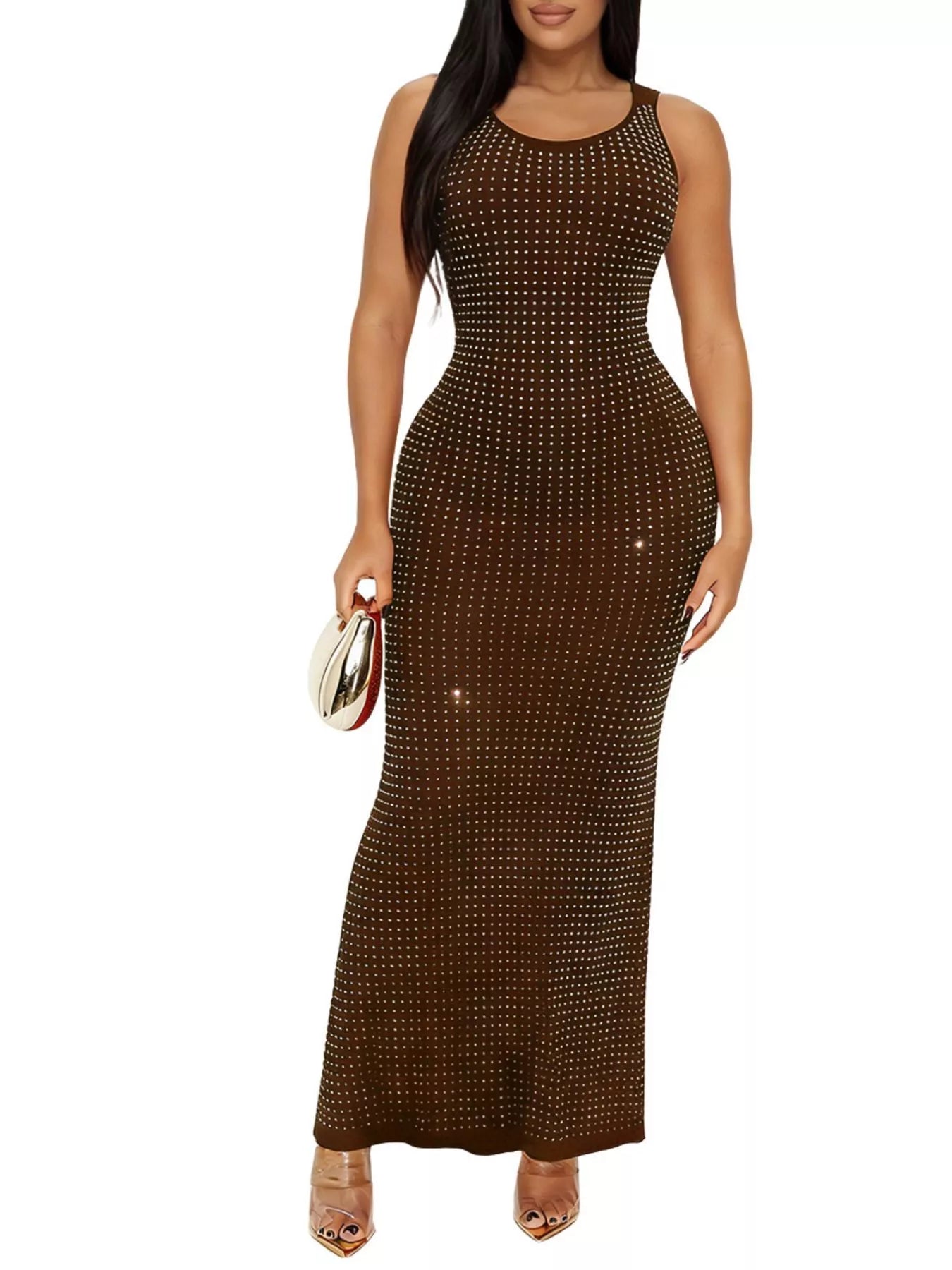 Trendsi Sleeveless Rhinestone Embellished Bodycon Maxi Dress -