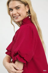 Trendsi Umgee Textured Smocked Yoke Split-Neck Top -