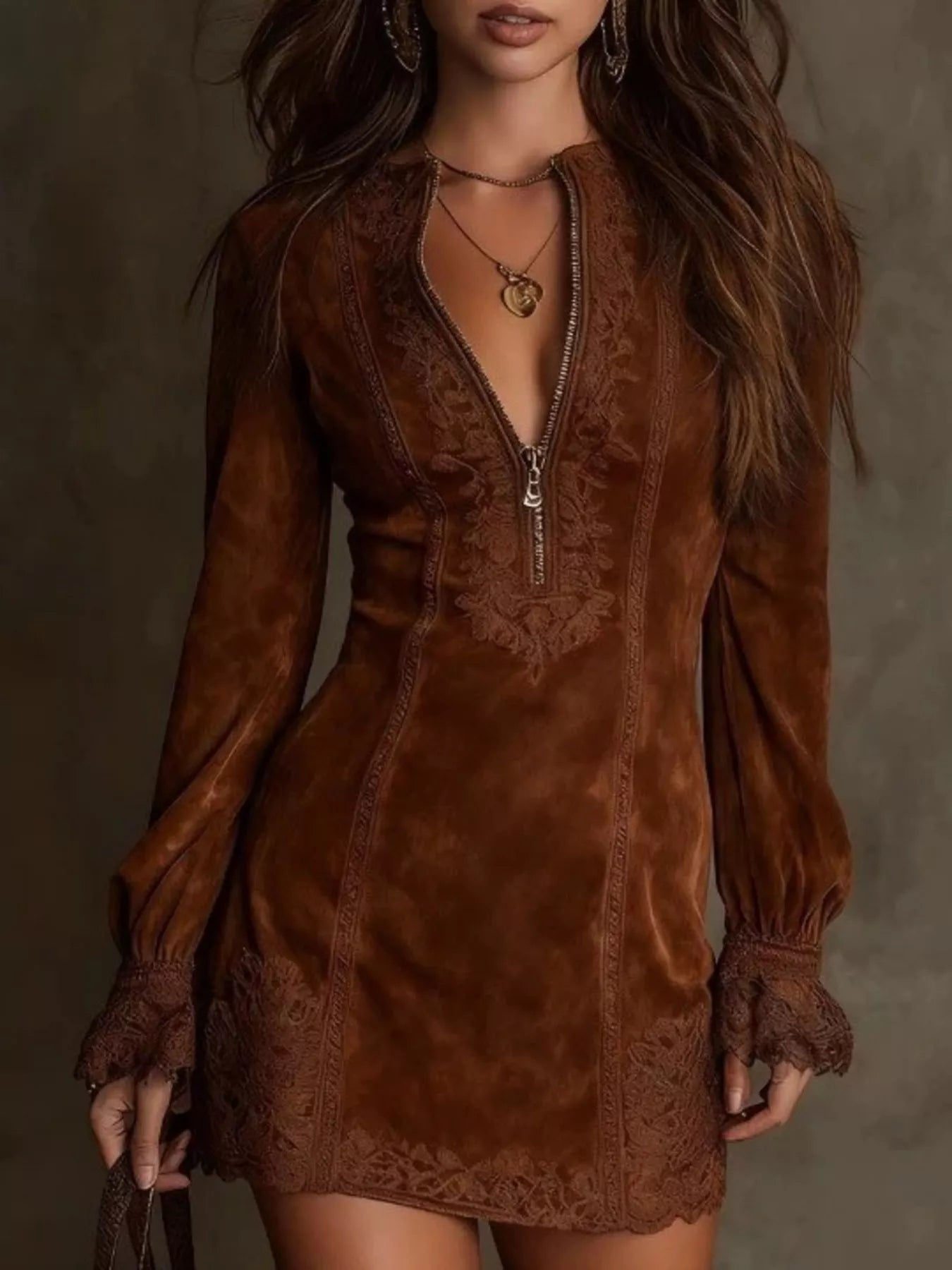 Trendsi Full Size Zip-Front Long Sleeve Mini Dress Plus Size -