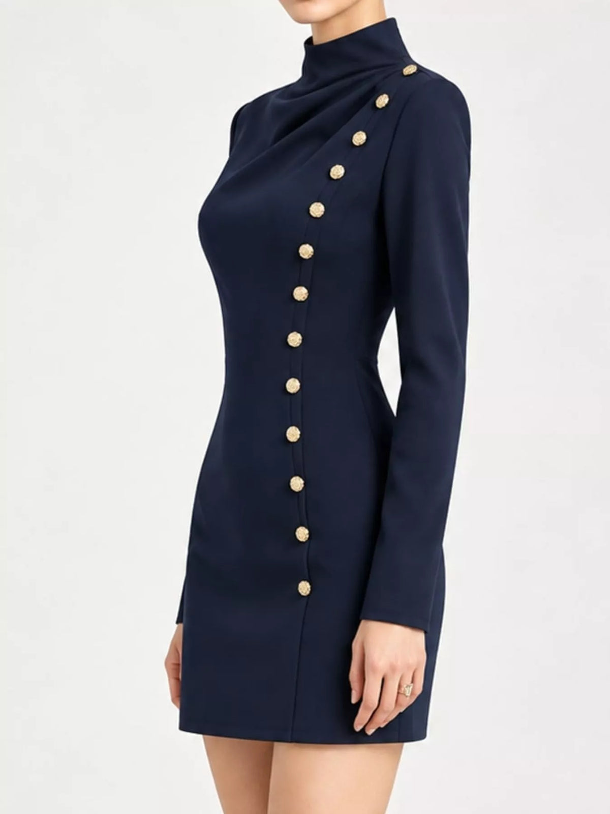 Navy decorative button mock neck mini dress, side view