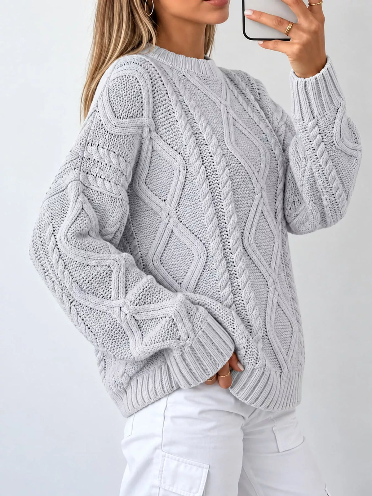 Gray cable-knit round neck sweater
