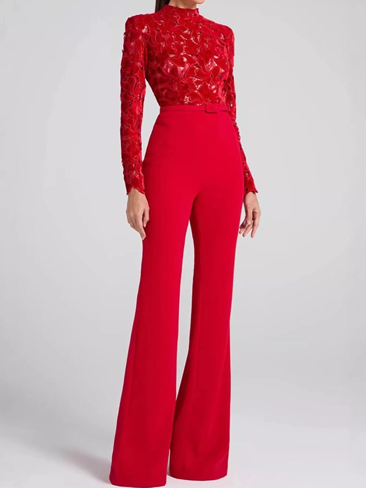 Lace Long-Sleeve Flare Jumpsuit — front view