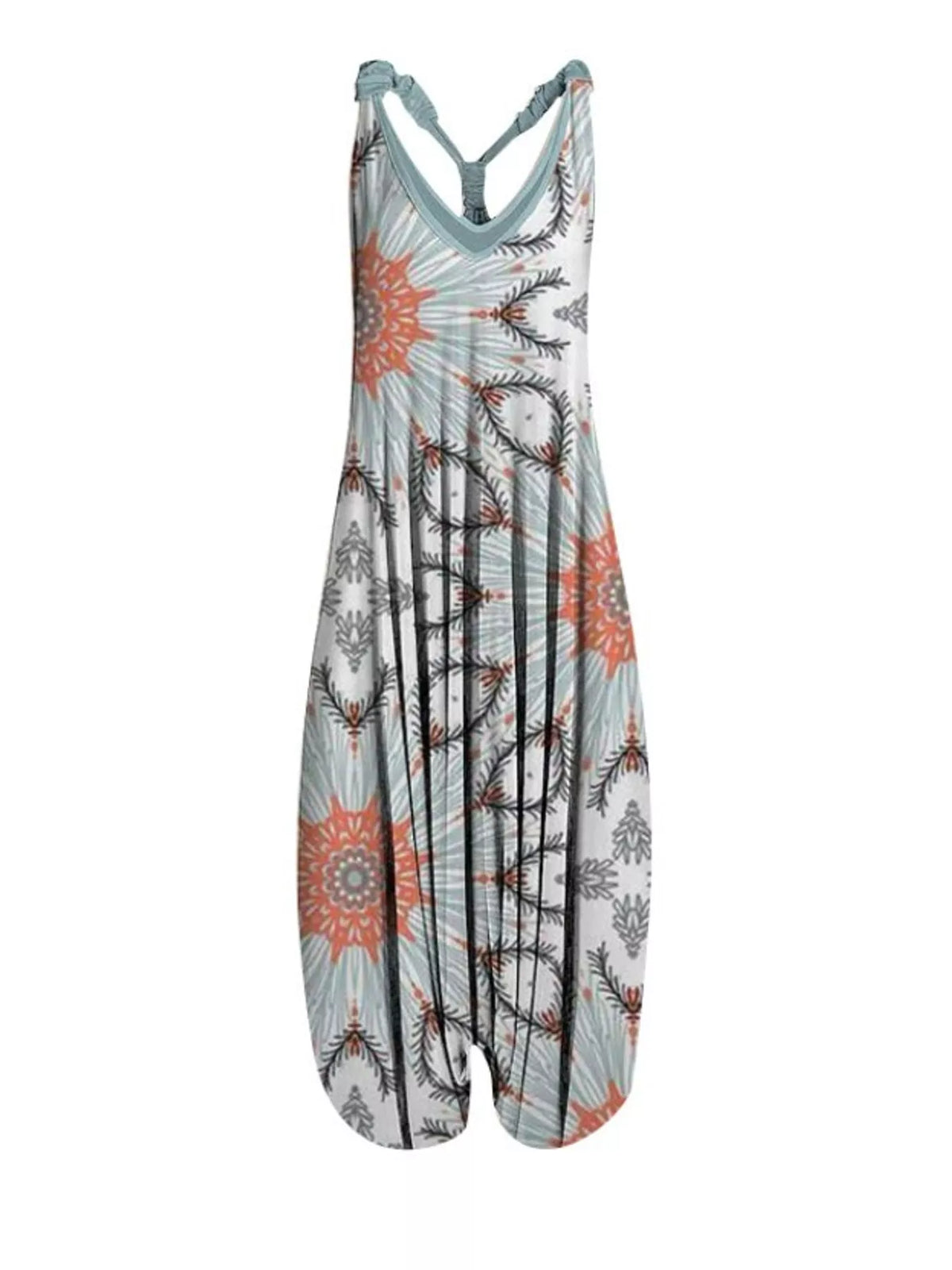 Gray floral-print V-neck sleeveless jumpsuit