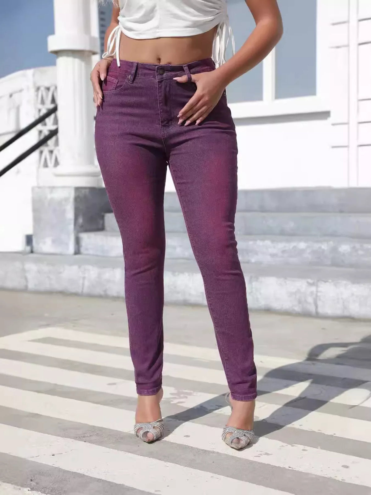 Purple high-waisted slim-fit jeans