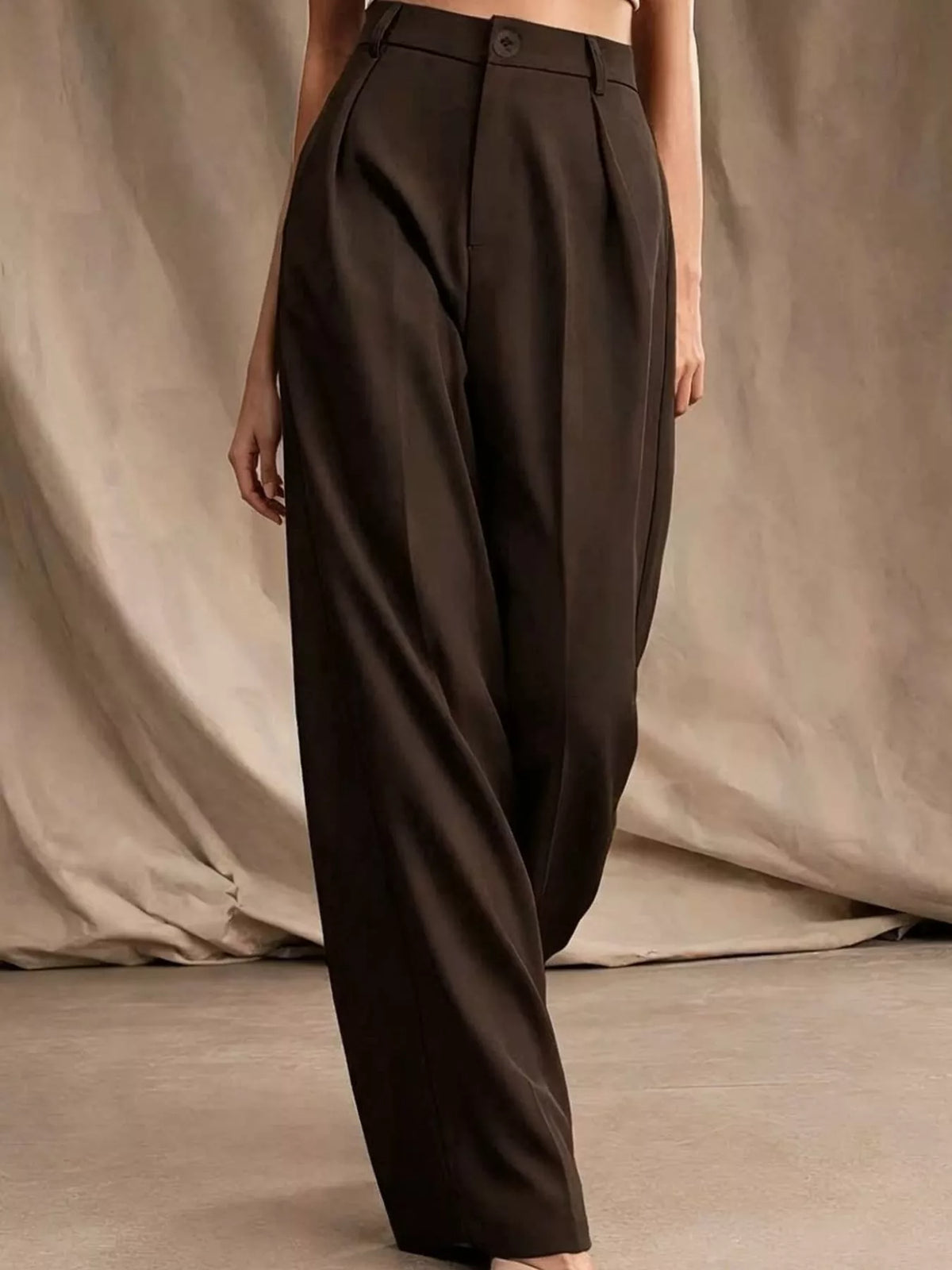 Women's Pleated Wide-Leg Trousers in brown — front view