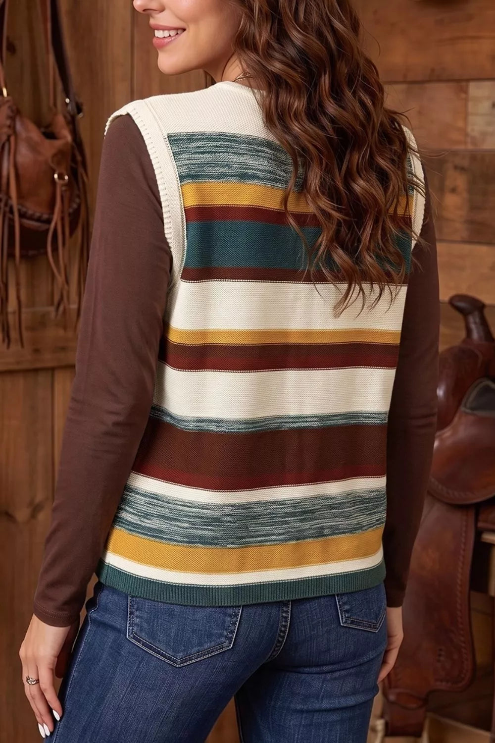 Trendsi Striped Button Front Sleeveless Knit Regular Fit Sweater Vest -