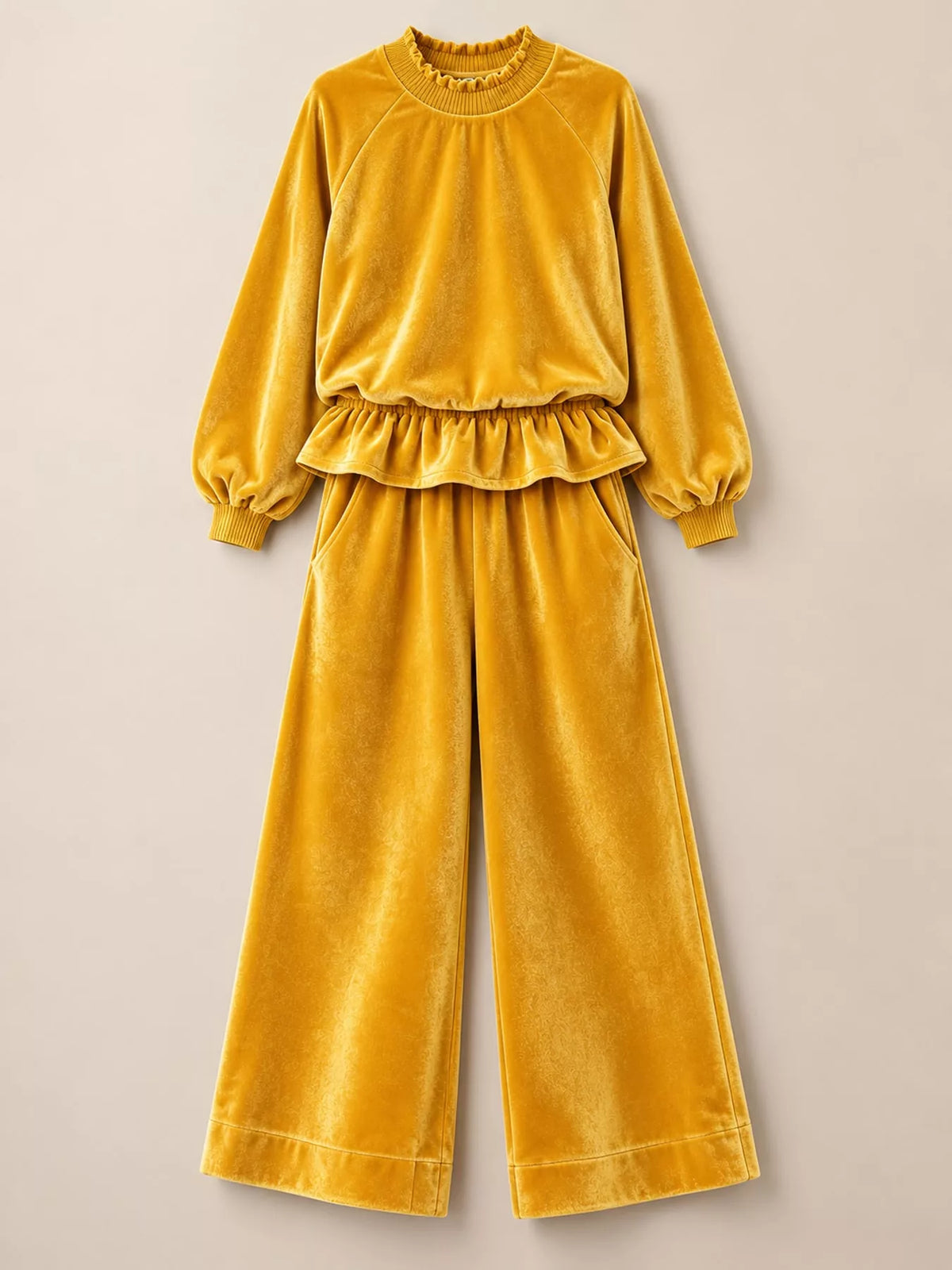 Yellow velvet ruffled hem top and wide-leg pants set — front view