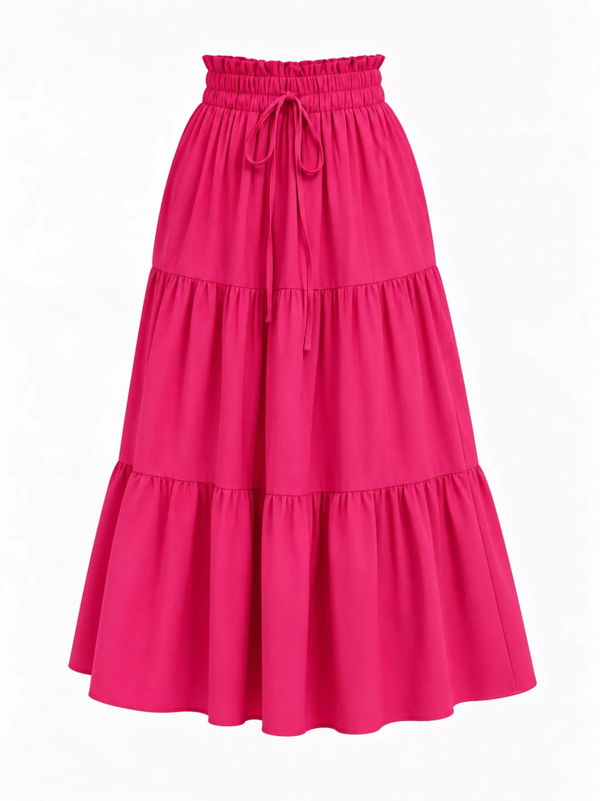 Pink drawstring tiered skirt — front view