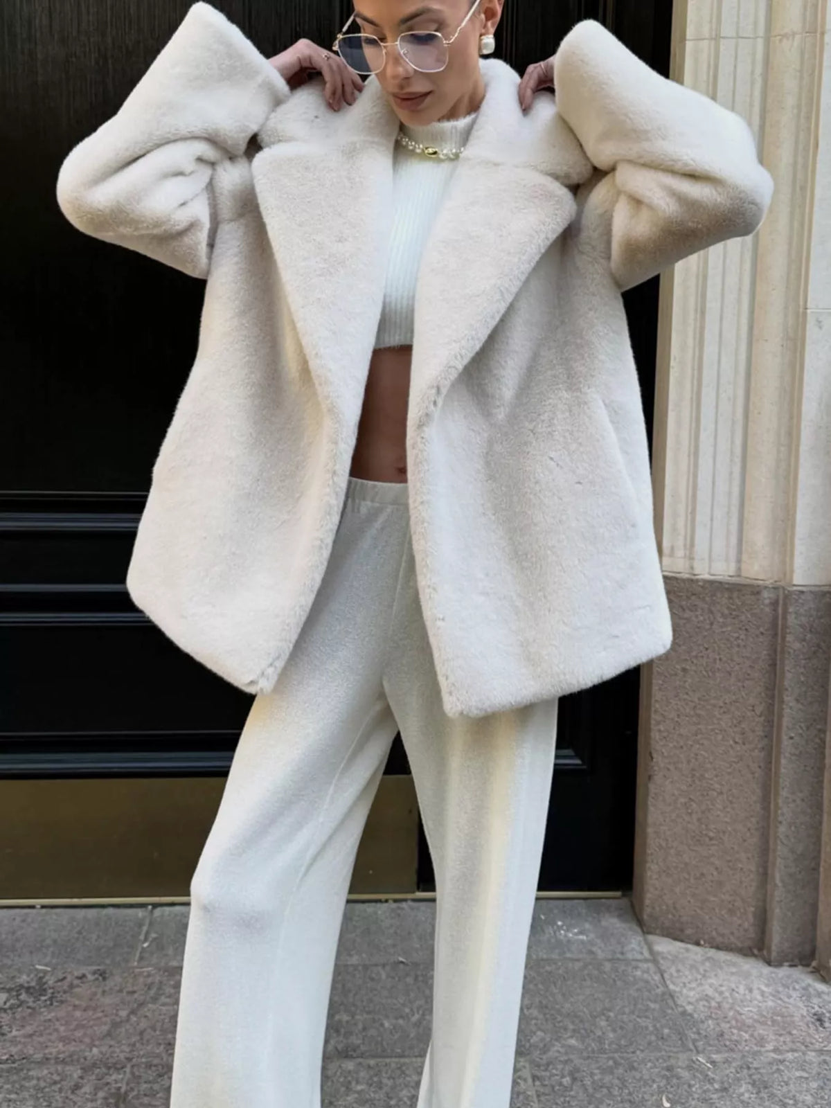 Faux Fur Open Front Coat in cream