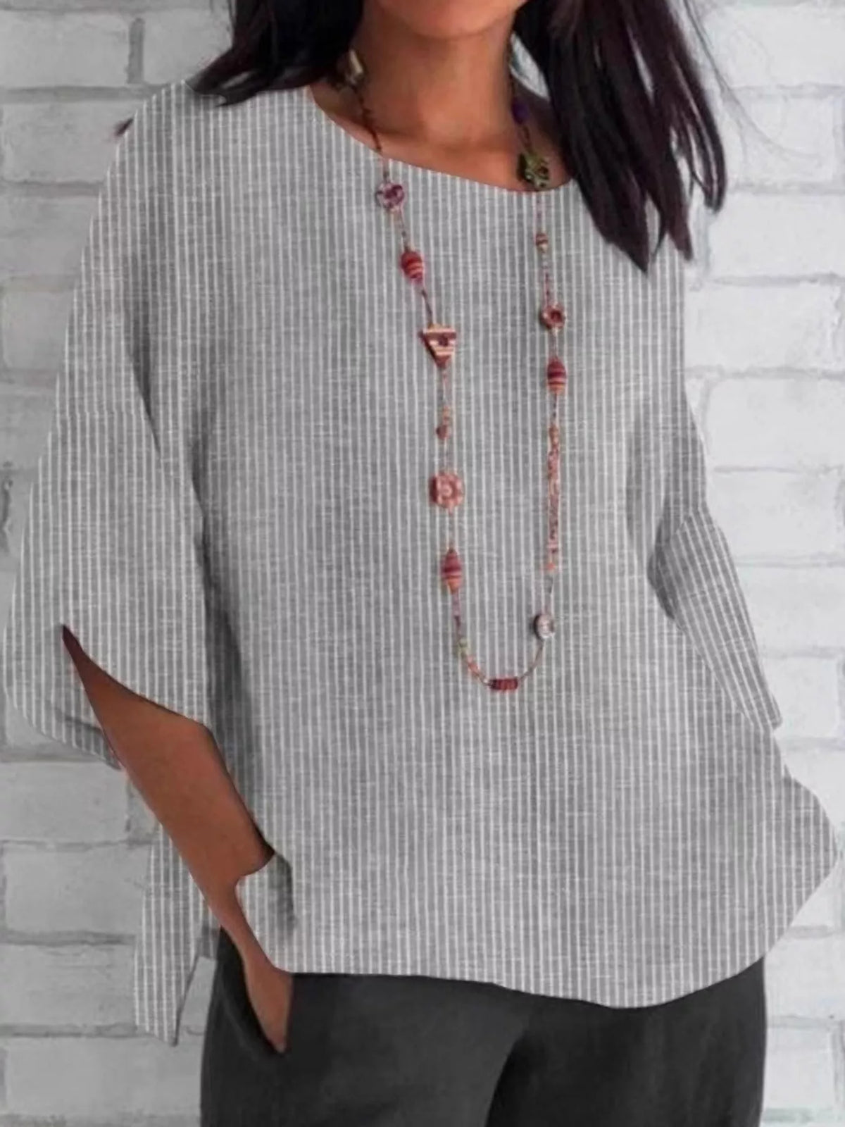 Light Gray Striped Loose-Fit Blouse, front view
