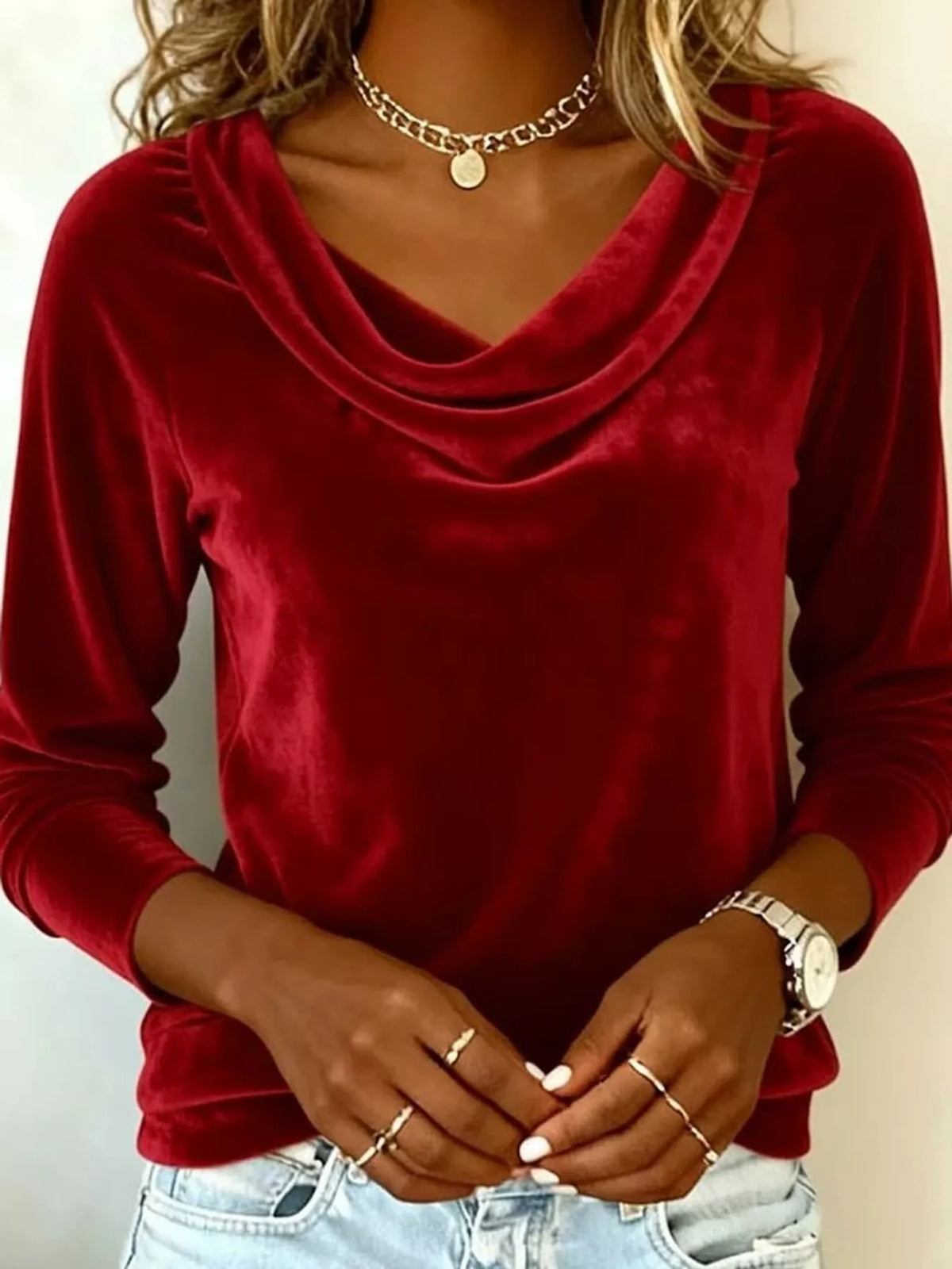 Red velvet cowl neck long sleeve t shirt, front view
