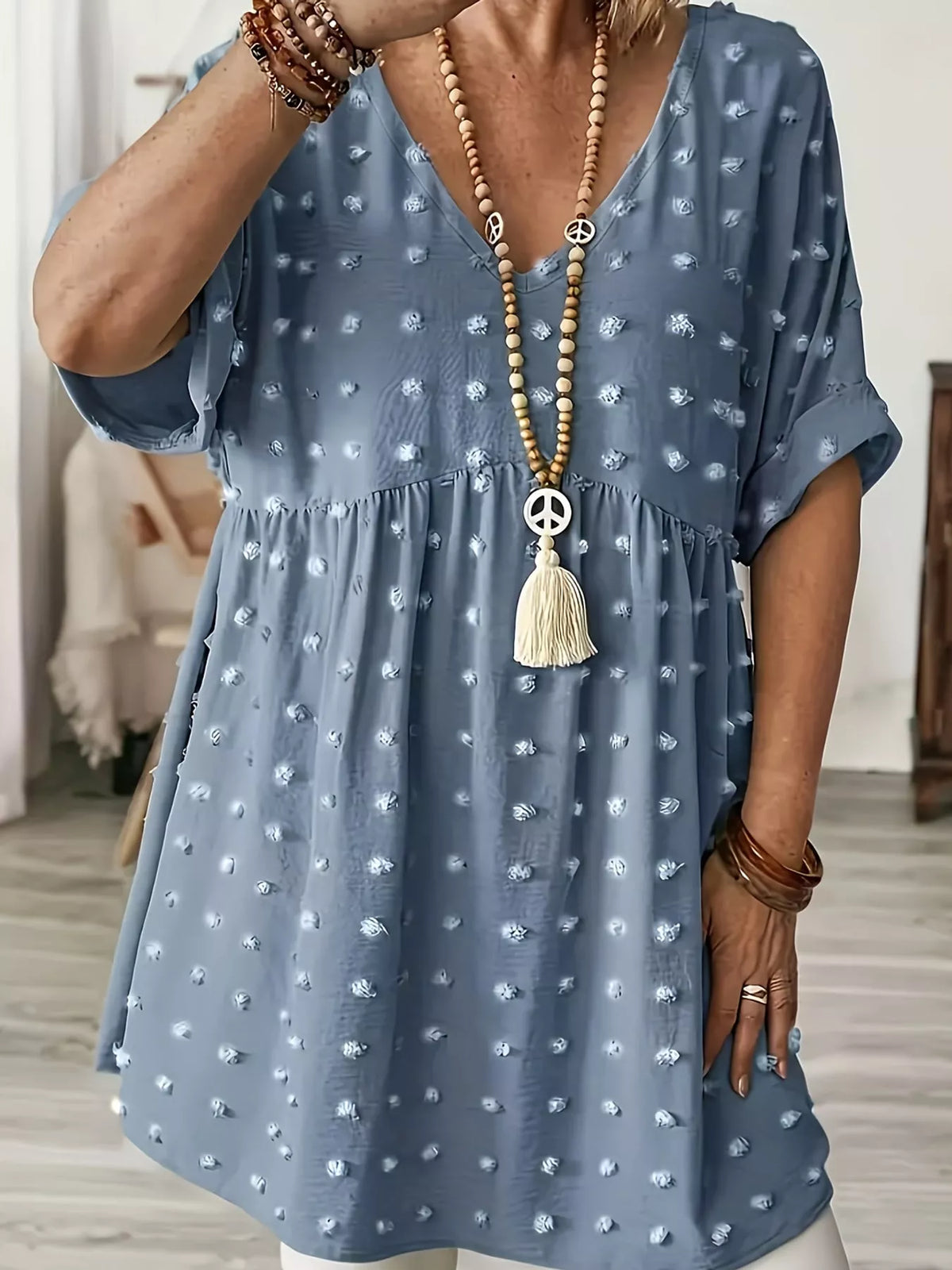 Swiss-dot blouse, dusty blue front