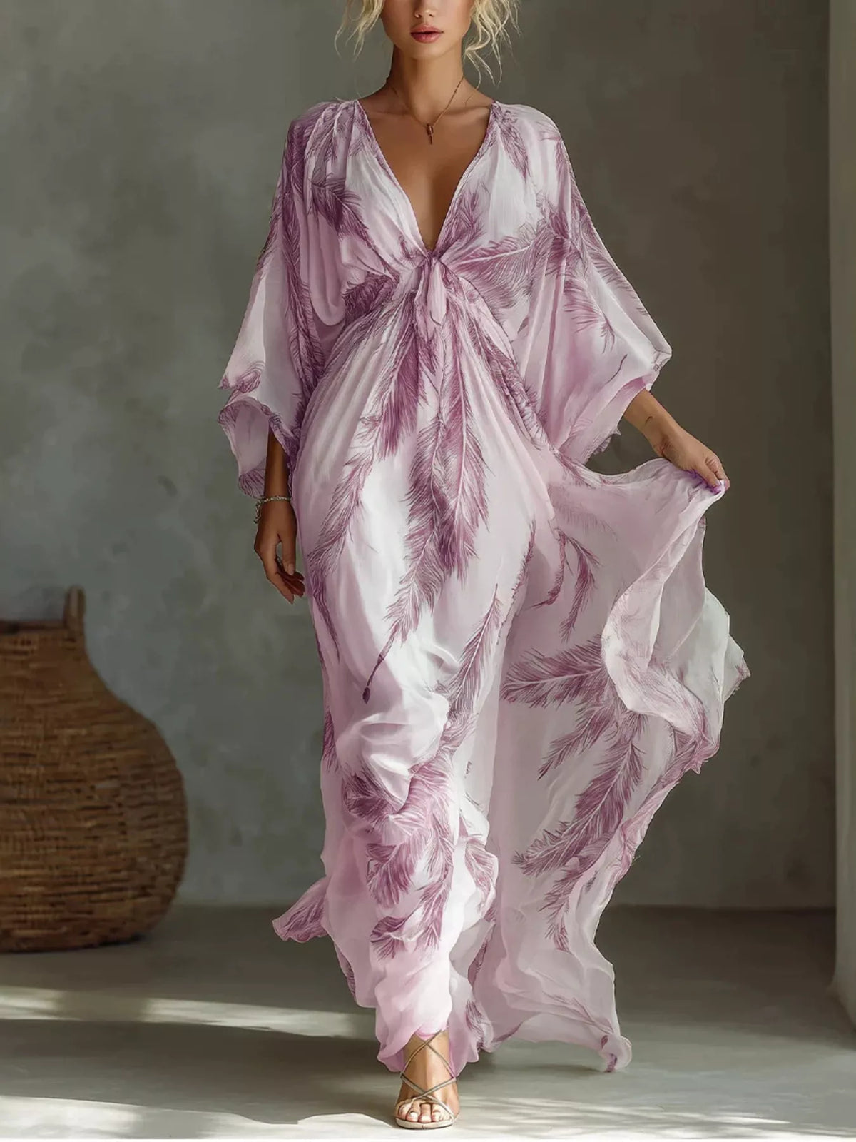 Feather-print V-neck flowy maxi dress