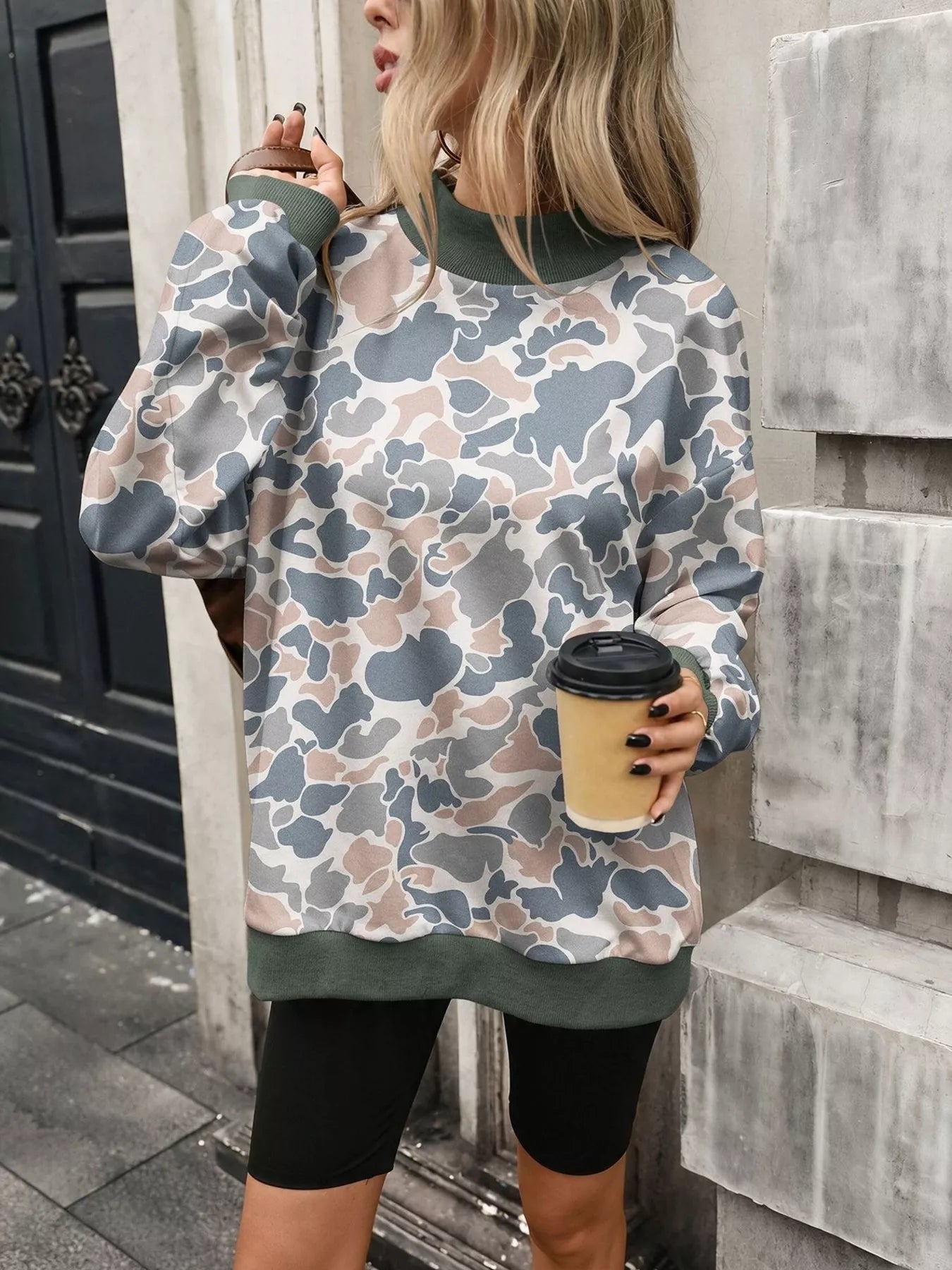 Camouflage-print mock-neck sweatshirt