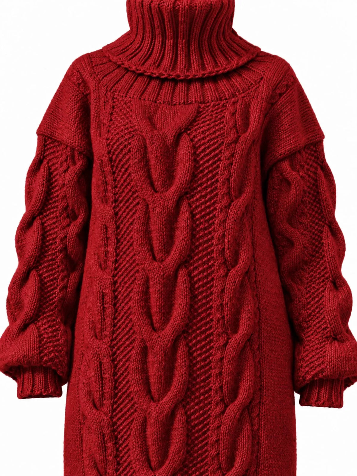 Red oversized cable knit turtleneck sweater dress