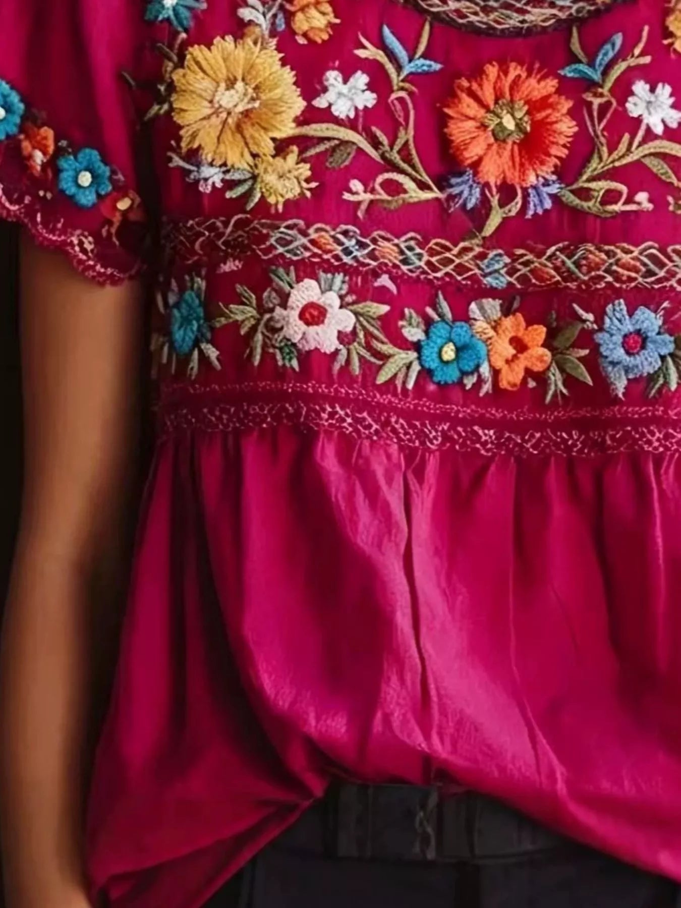 Trendsi Plus Size Embroidered Floral Short Sleeve Top -