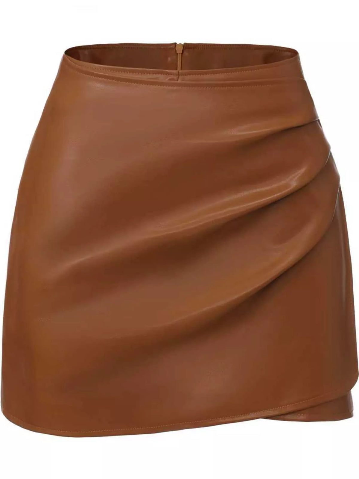 High-Waisted Ruched Faux Leather Skort — garment front