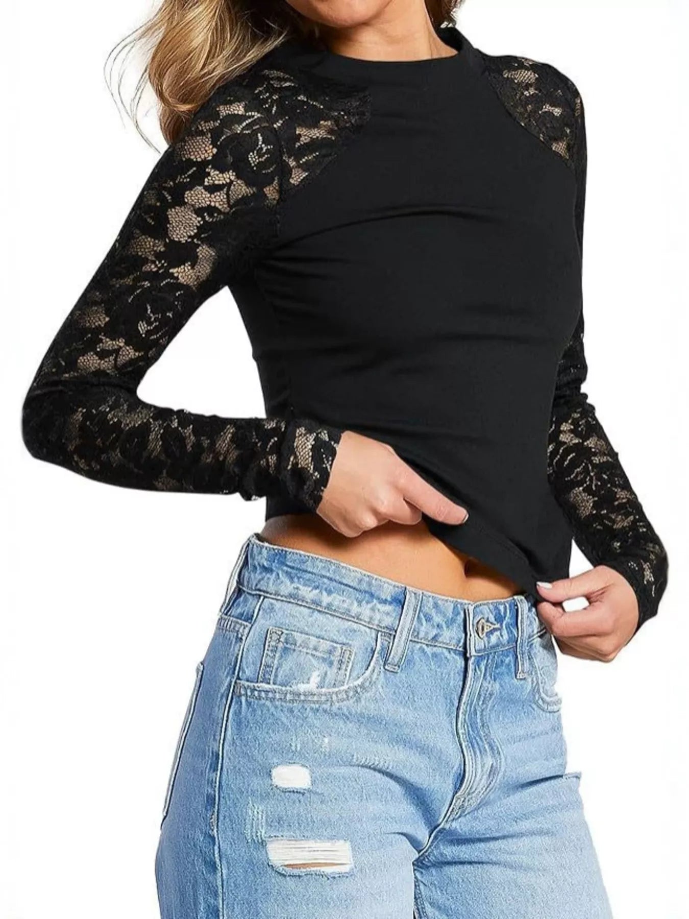 Trendsi Lace Long Sleeve Round Neck T-Shirt -