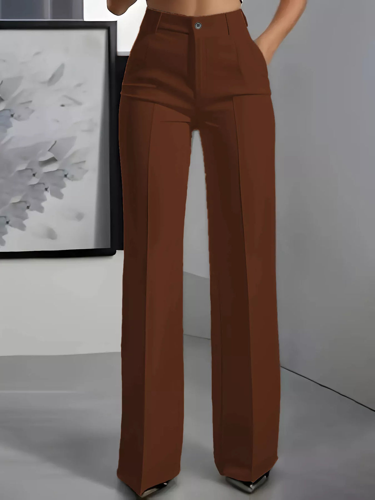 Brown high-waisted wide-leg pants, front view