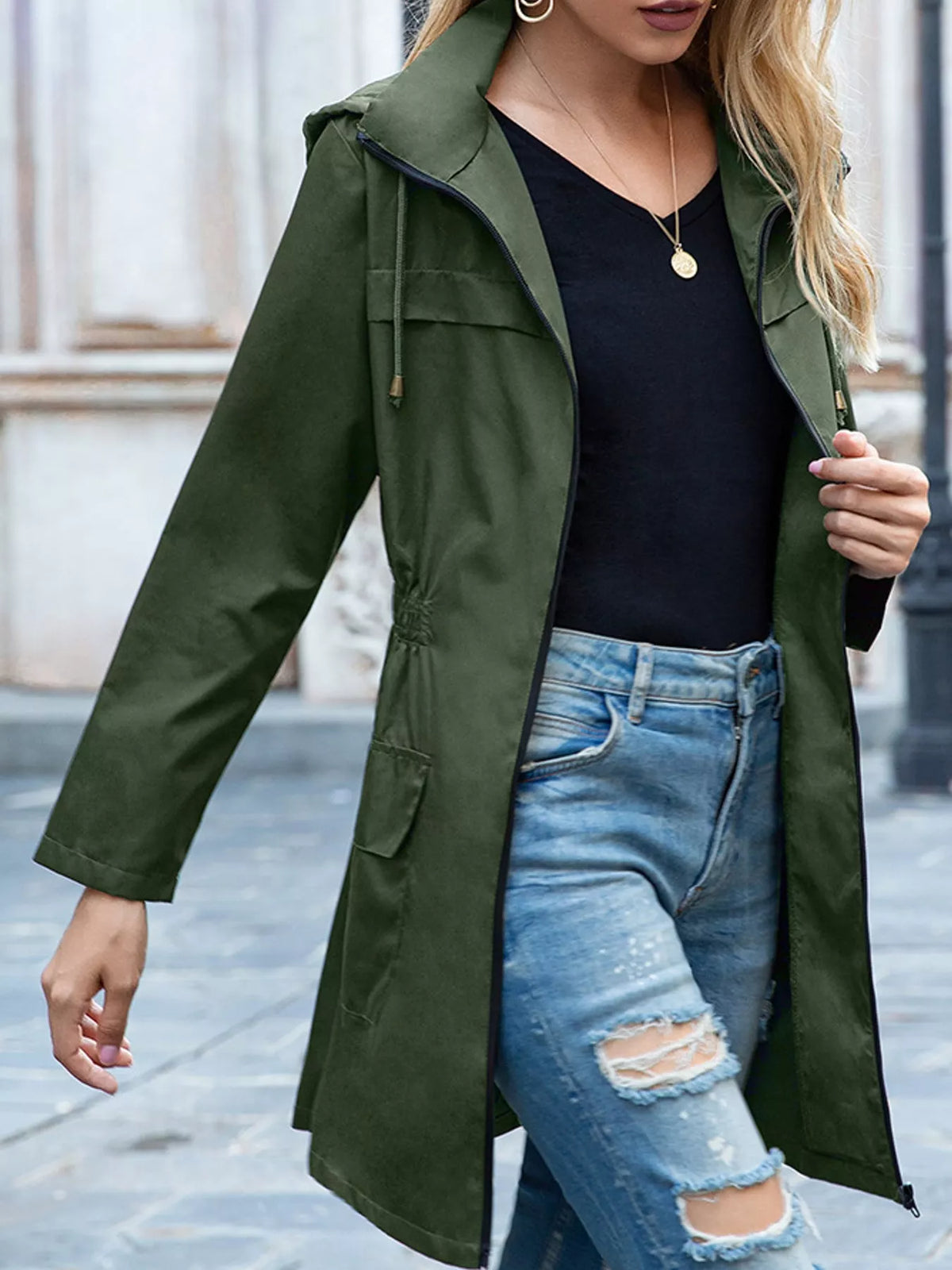 Women's Zip Up Drawstring Waist Hooded Jacket in olive — front view