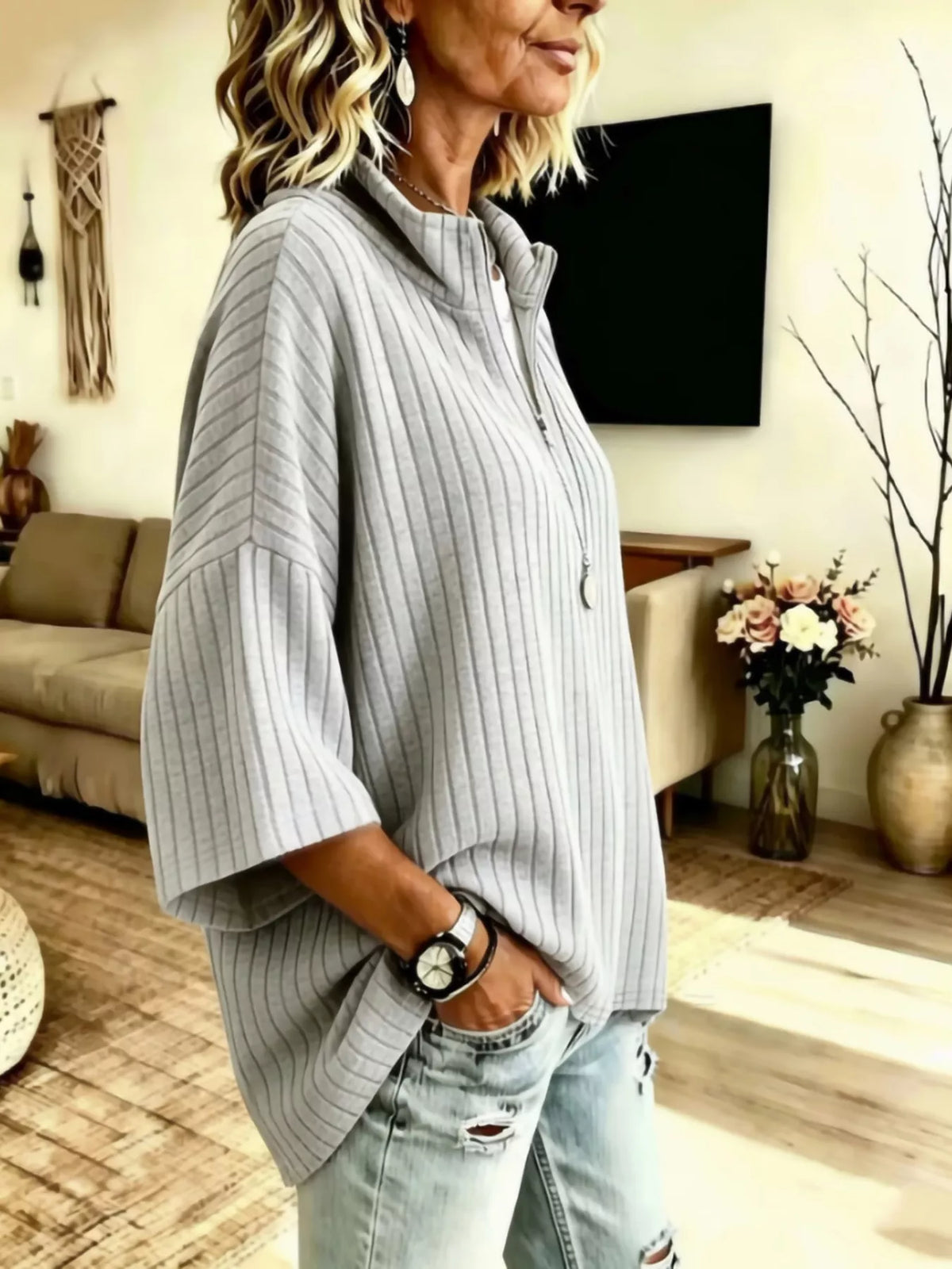 Women's Half-Zip Ribbed Knit Top in Light Gray, back view