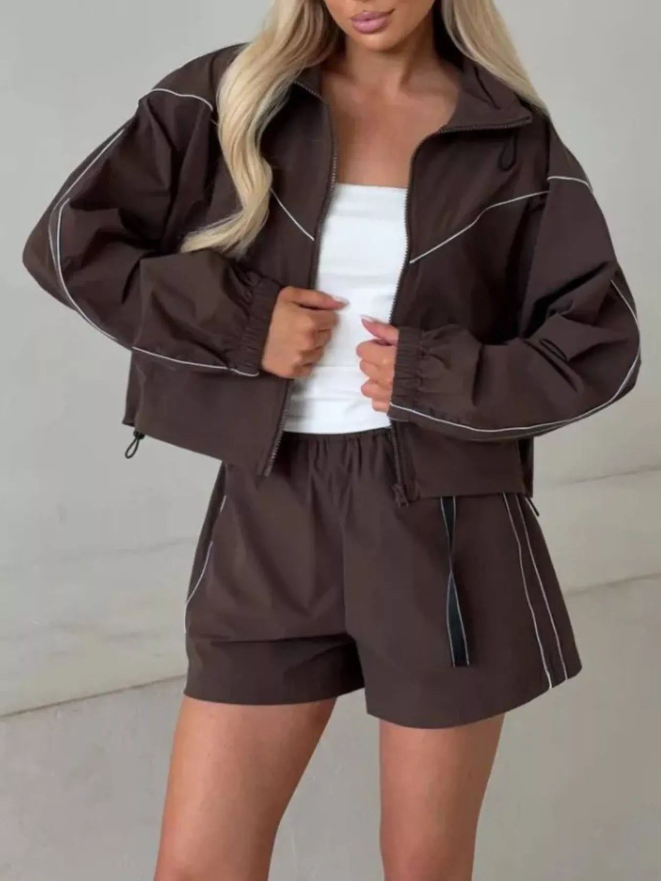 Trendsi Drawstring Zip-Up Jacket and Shorts Set -