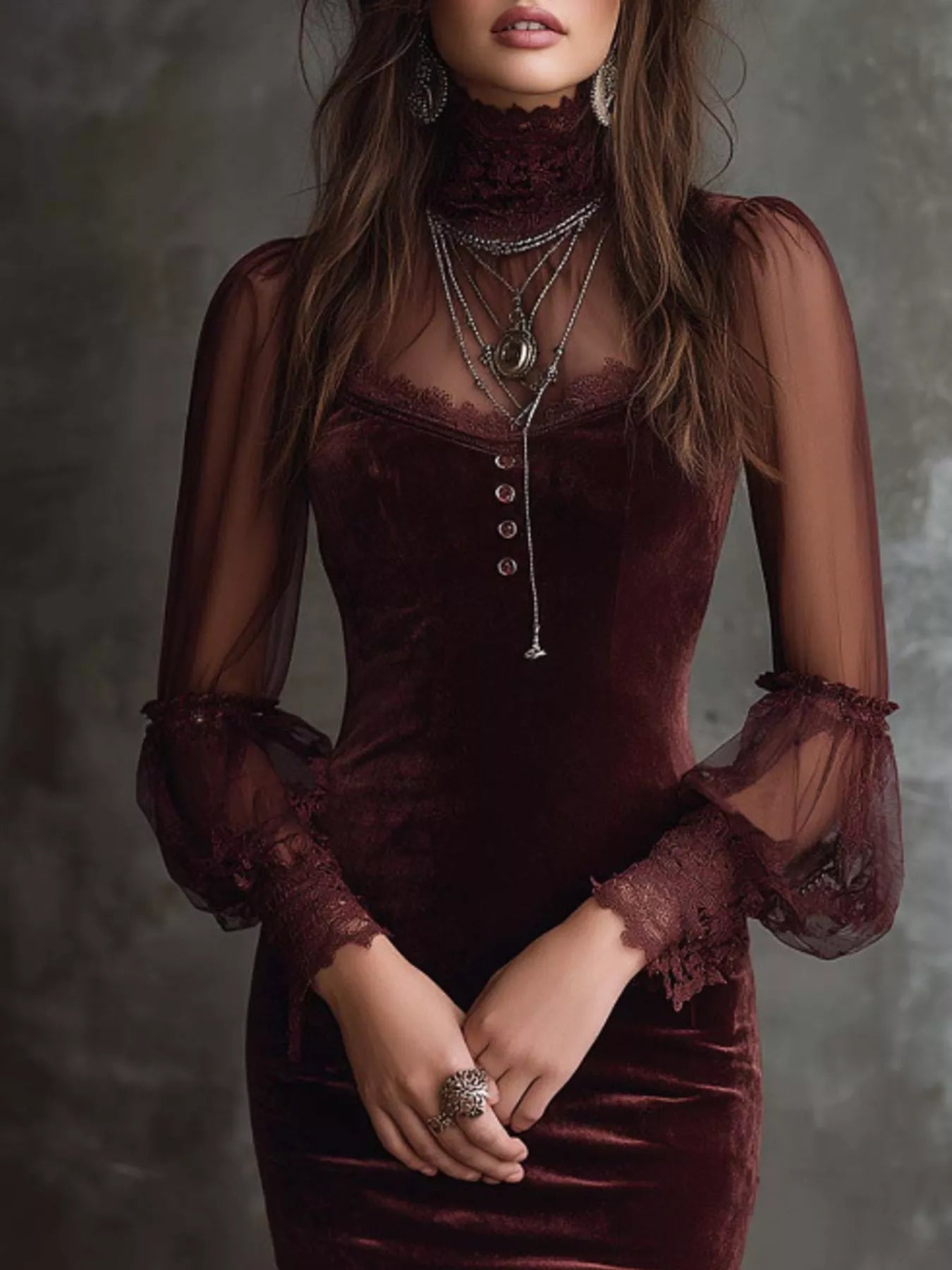 Trendsi Full Size Velvet Sheer Long Sleeve Bodycon Dress Plus Size -
