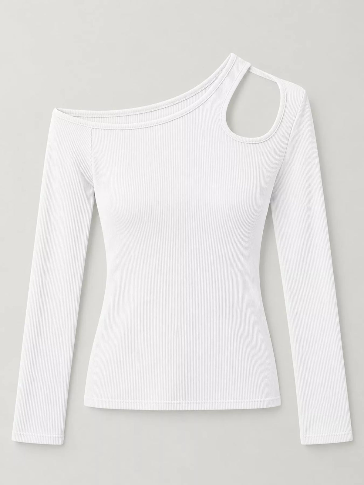 One-shoulder top, white flat lay