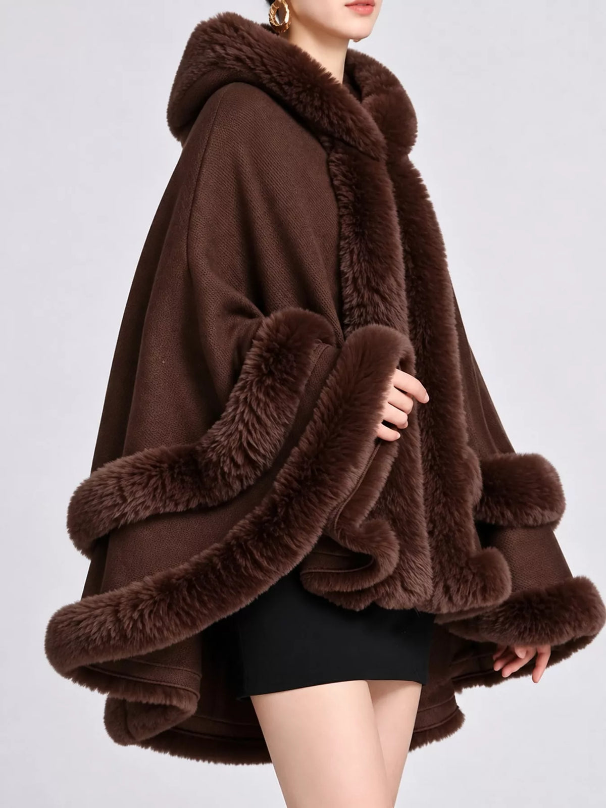 Faux-fur-trim cape, dark brown side